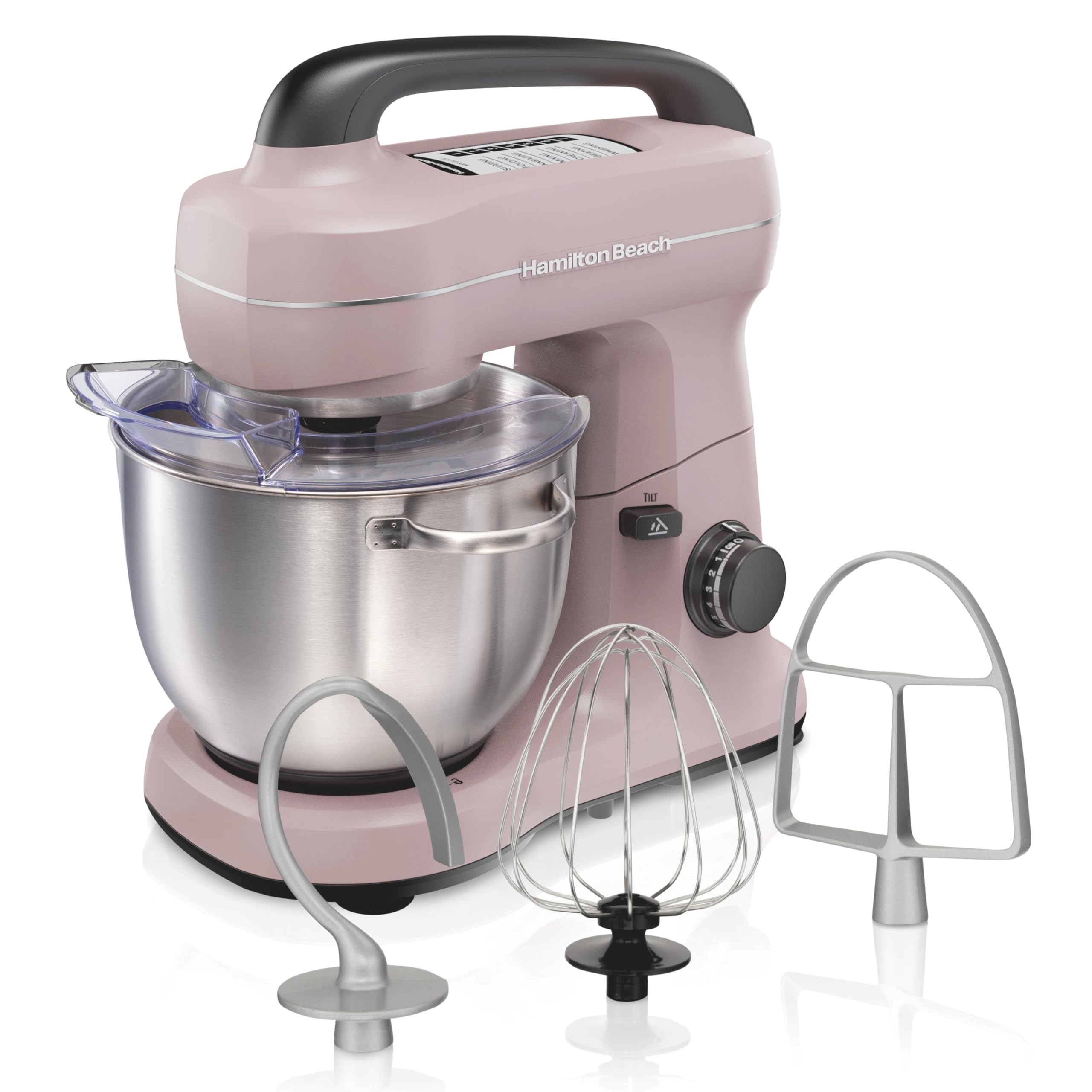 Hamilton Beach 4-Quart Electric Stand Mixer with Dough Hook, Flat Beater & Whisk - 7 Speed Settings & Splash Guard - Perfect for Baking Cakes, Cookies & Bread (Pink)