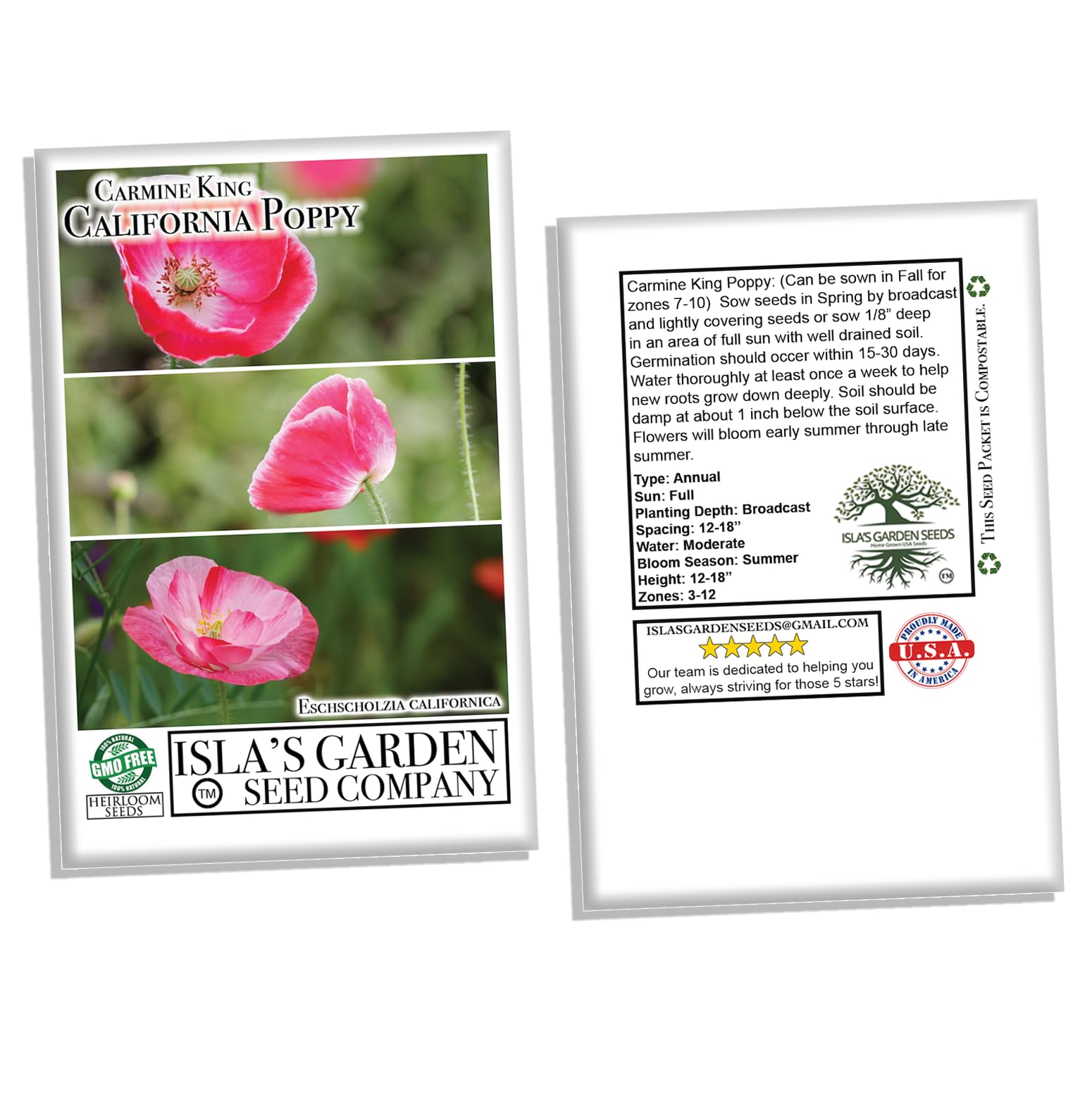 Carmine King California Poppy Seeds for Planting - 1000+ Non-GMO Heirloom Seeds (Eschscholzia californica) by Isla's Garden Seeds - Perfect for Home Gardens, Landscaping & Wildflower Meadows
