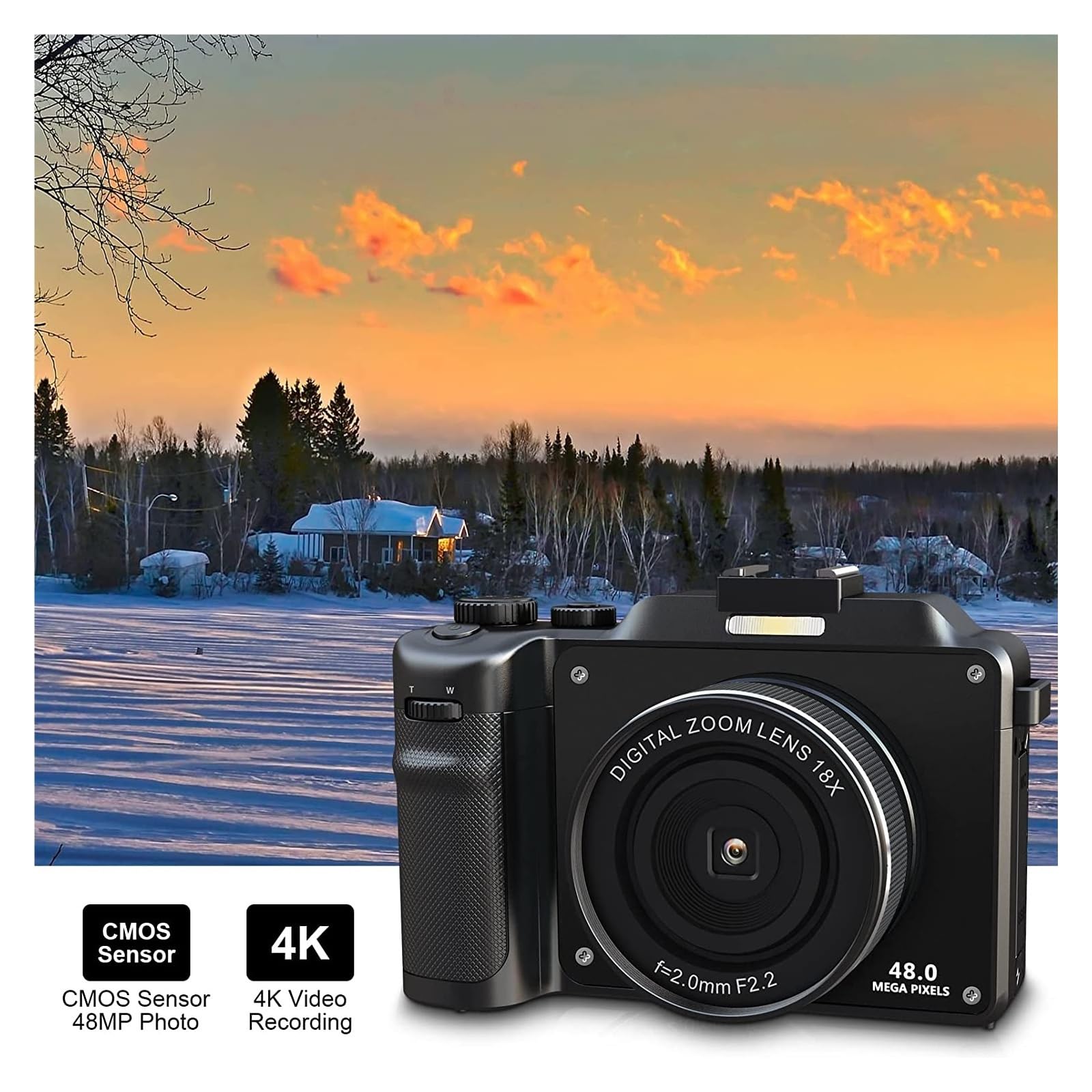 48MP Dual Lens Digital Camera for Photography - 4K Vlog Camcorder with 18X Auto Focus & Webcam Function (Includes 128GB TF Card) - Perfect for Travel Vlogging, YouTube Content Creation, and Live Streaming