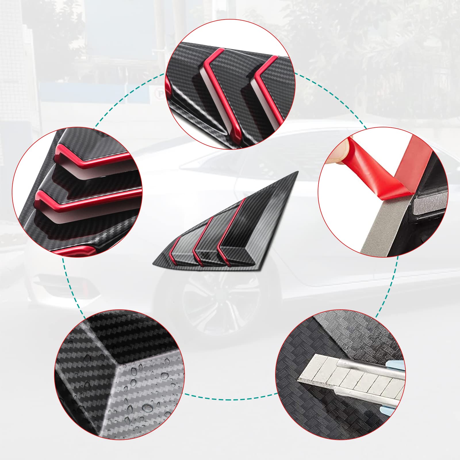 Xotic Tech Rear Side Window Louver Cover Trim - Carbon Fiber Pattern with Red Accent - Compatible with 2016-2021 Honda Civic 10th Gen Sedan - Enhances Style & Airflow - Perfect for Car Enthusiasts & Custom Builds