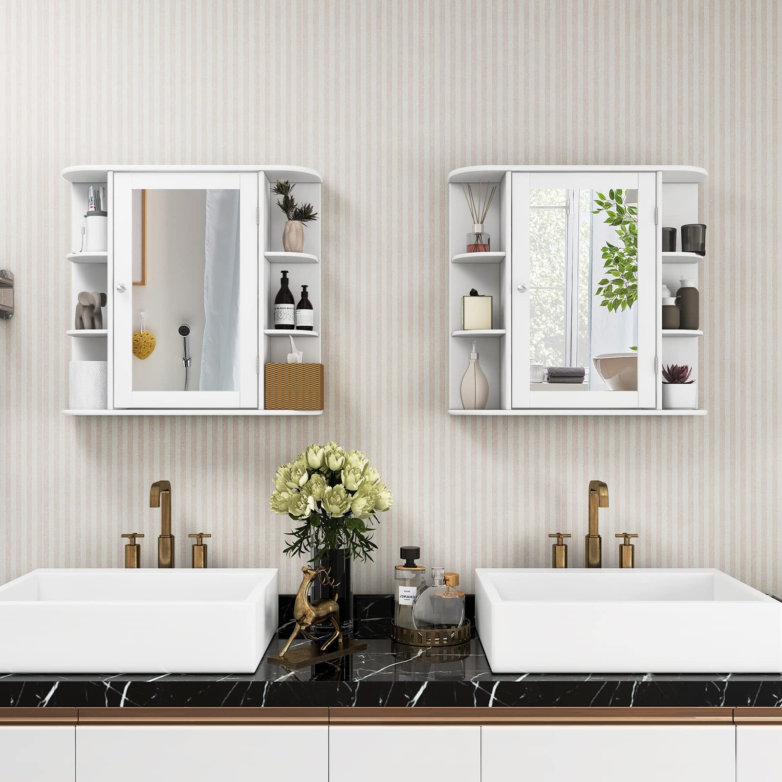 ARLIME Wall Mounted Bathroom Mirror Medicine Cabinet with 4 Adjustable Shelves & 6 Open Racks - White Wooden Storage Organizer for Bathroom, Bedroom & Entryway - Space Saving Hanging Cabinet for Toiletries, Cosmetics & Home Essentials