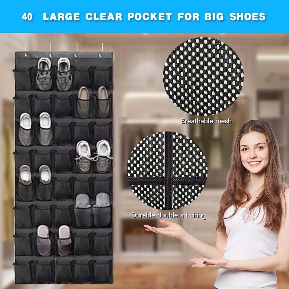 Over the Door Shoe Organizer with 40 Large Clear Mesh Pockets - Hanging Shoe Rack for Entryway, Bedroom, Bathroom & Pantry - Perfect for Organizing Shoes, Accessories & Small Items in Small Spaces
