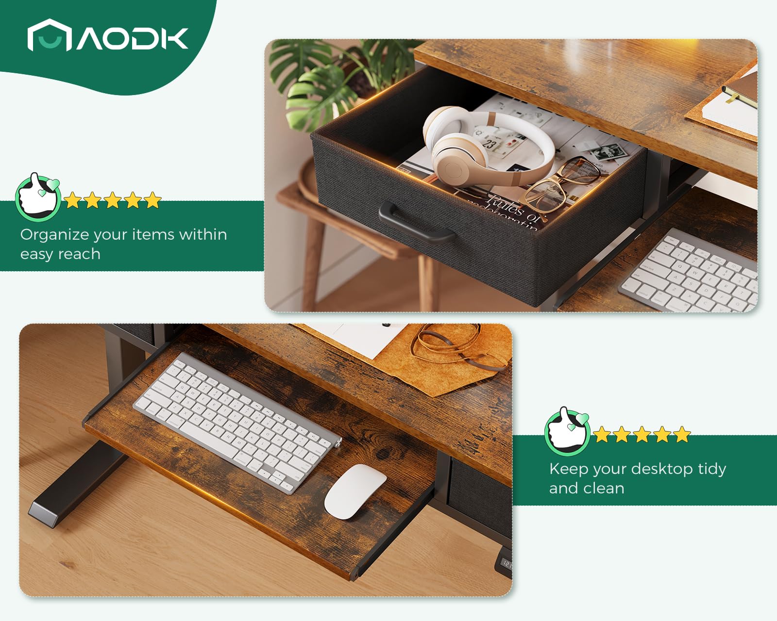 AODK 55 Inch Electric Height Adjustable Standing Desk with Drawers, Keyboard Tray & Power Outlets - Ergonomic Gaming Desk with LED Lights & Monitor Stand for Home Office - Rustic Brown Workspace Solution for Remote Work, Streaming & PC Gaming