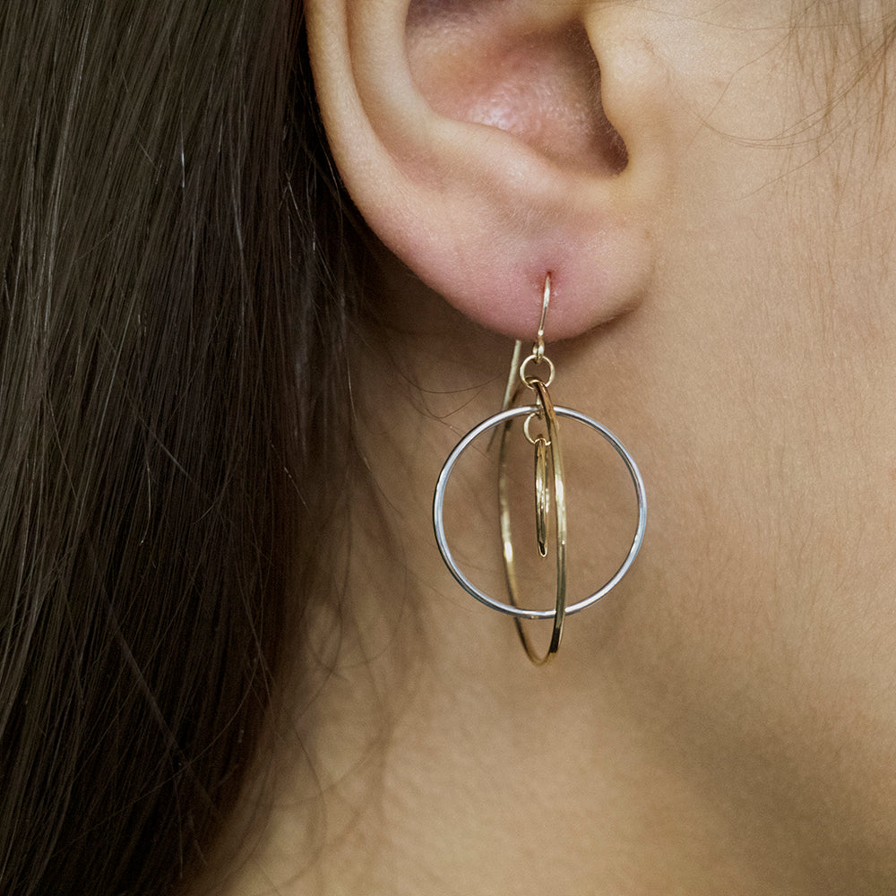 9ct Two Tone Gold 3x Circle Hook Drop Earrings for Women - Elegant Dangle Earrings for Party, Wedding & Everyday Wear