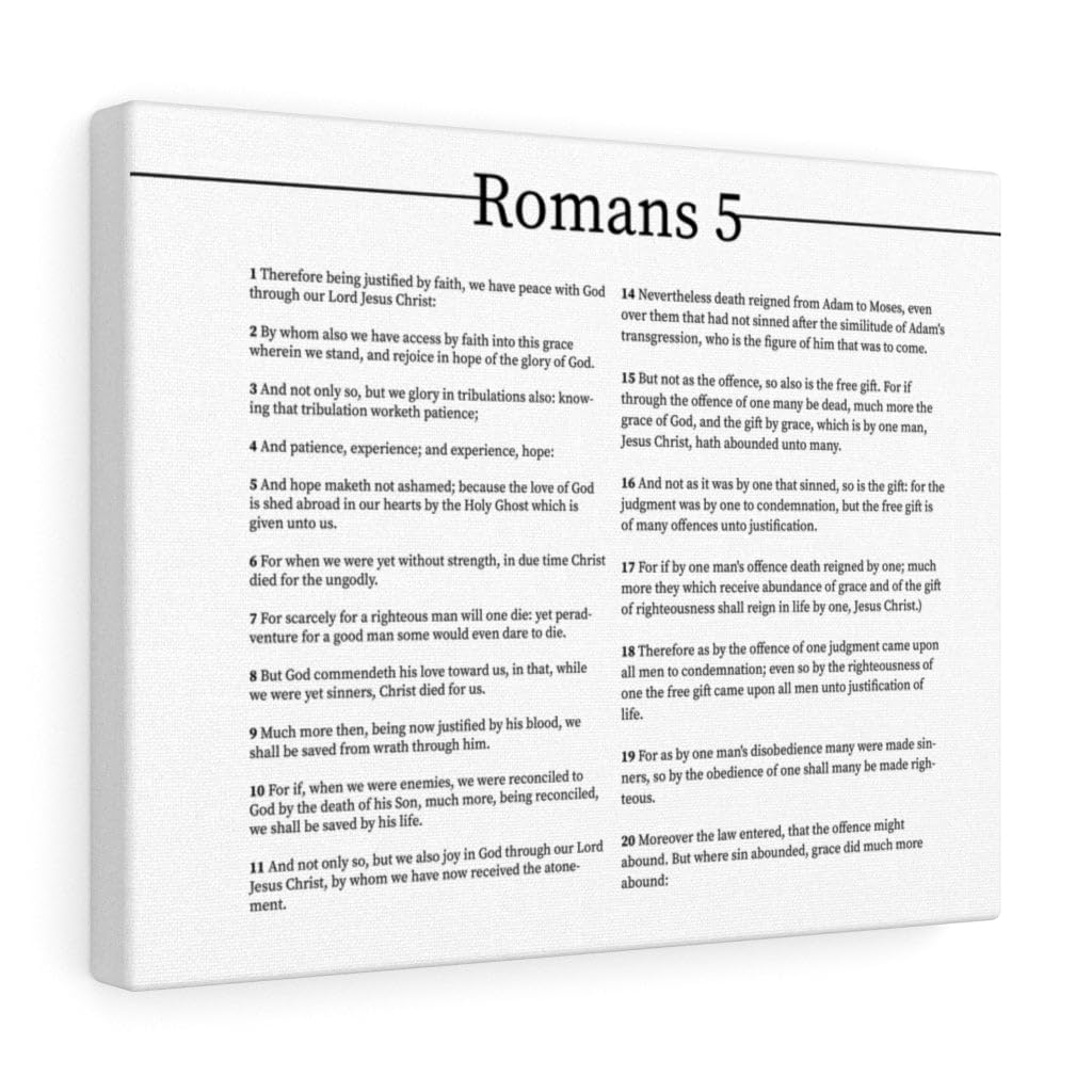 Bible Art Canvas - Romans Chapter 5 Landscape Christian Wall Decor | White Scripture Print for Home, Church & Office | Inspirational Gift for Weddings, Baptisms & Religious Occasions