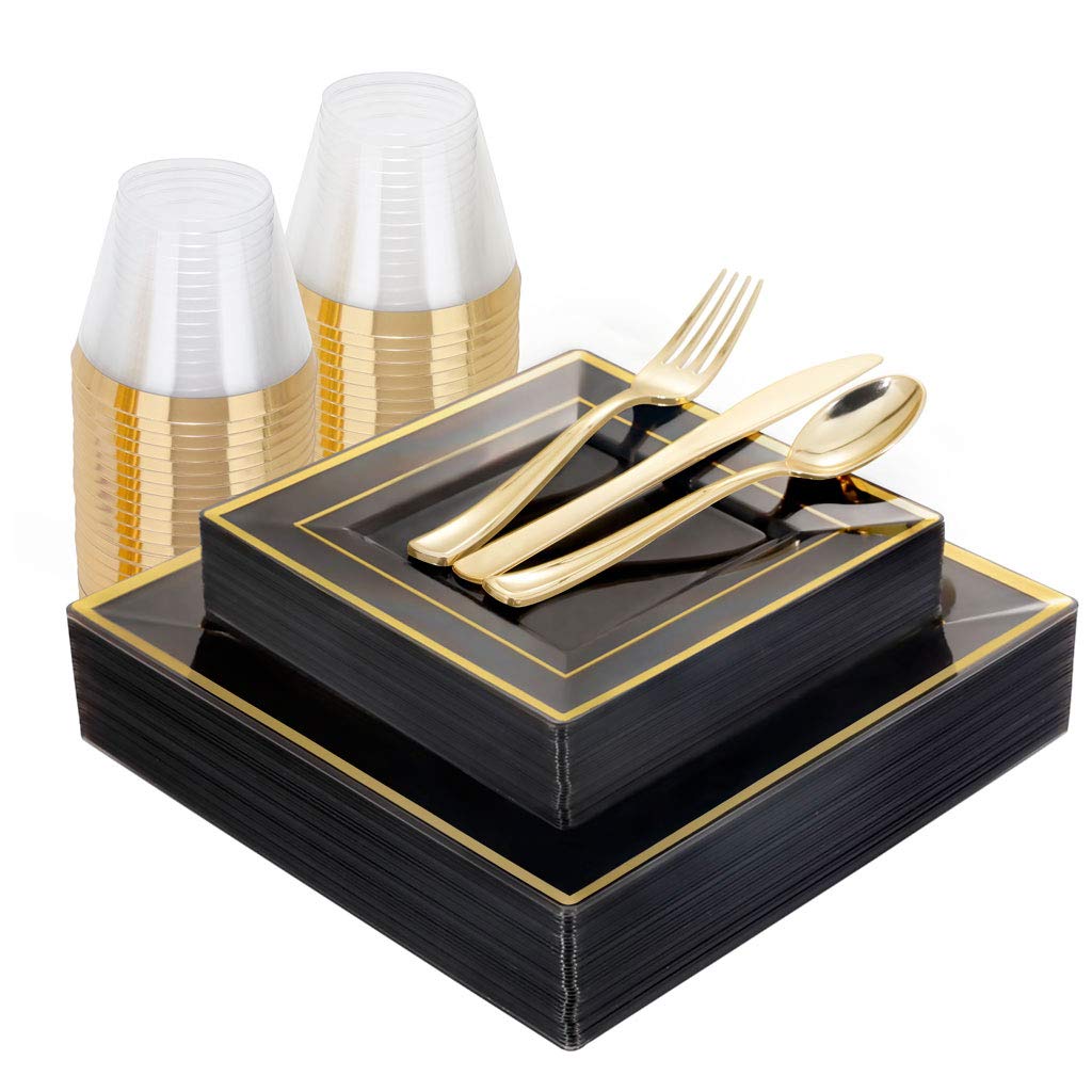 WELLIFE 150-Piece Halloween Party Tableware Set - 25 Clear Black Dinner Plates, 25 Dessert Plates, 25 Cups & 75 Gold Plastic Cutlery - Disposable Silverware for Halloween Decorations, Trick or Treat, Haunted House Parties & Spooky Celebrations