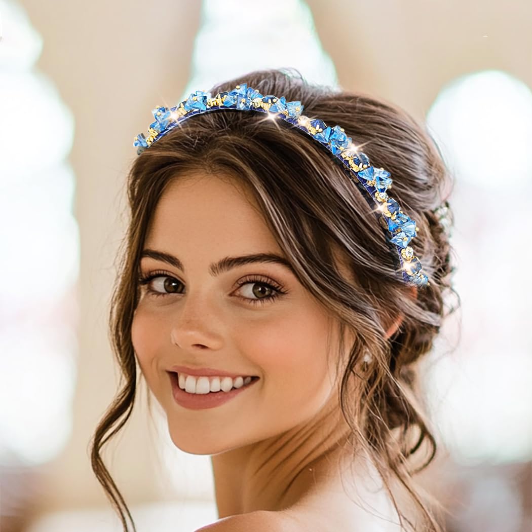 Sparkling Urieo Blue Crystal Headband for Women & Girls - Rhinestone Hair Band for Parties, Weddings & Special Events | Elegant Jeweled Hair Accessories for Prom, Bridal & Evening Occasions