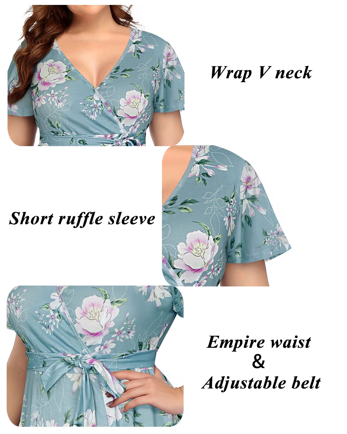 Plus Size Pinup Fashion Women's Cocktail Dress - Semi Formal Wrap Empire Waist Midi Dress for Wedding Guest, Party & Special Occasions