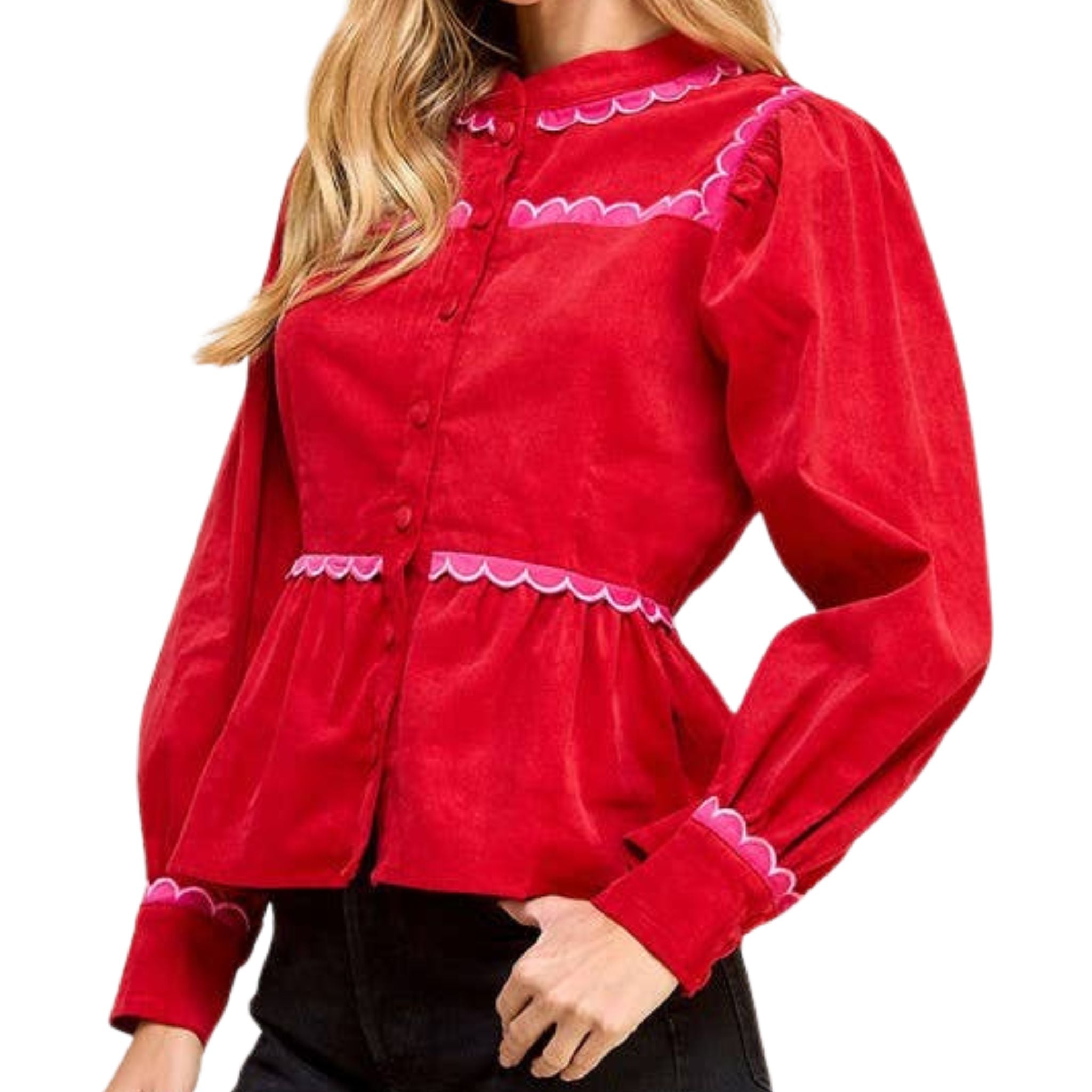 Women's Corduroy Button Up Shirt with Scallop Detail - Stylish Casual Blouse for Work, Date Night & Fall Outfits