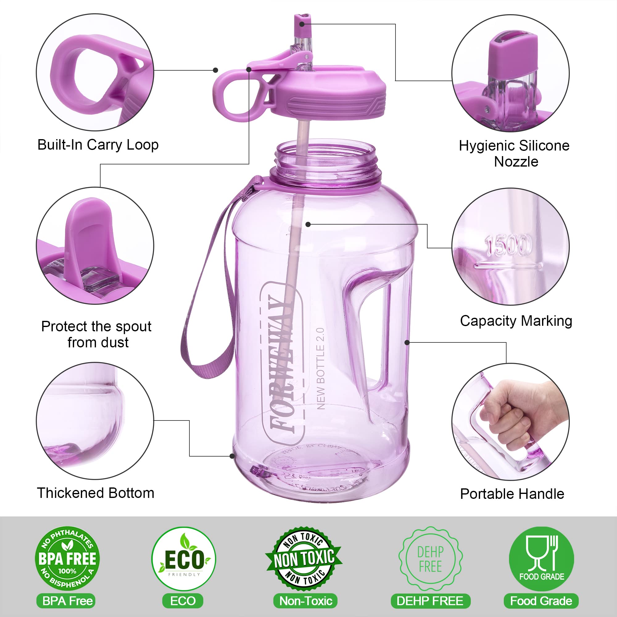**2.2L (74oz) Leakproof Half Gallon Water Bottle with Straw & Handle - BPA Free Large Sports Water Jug for Camping, Hiking, Gym & Outdoor Activities (Purple)**