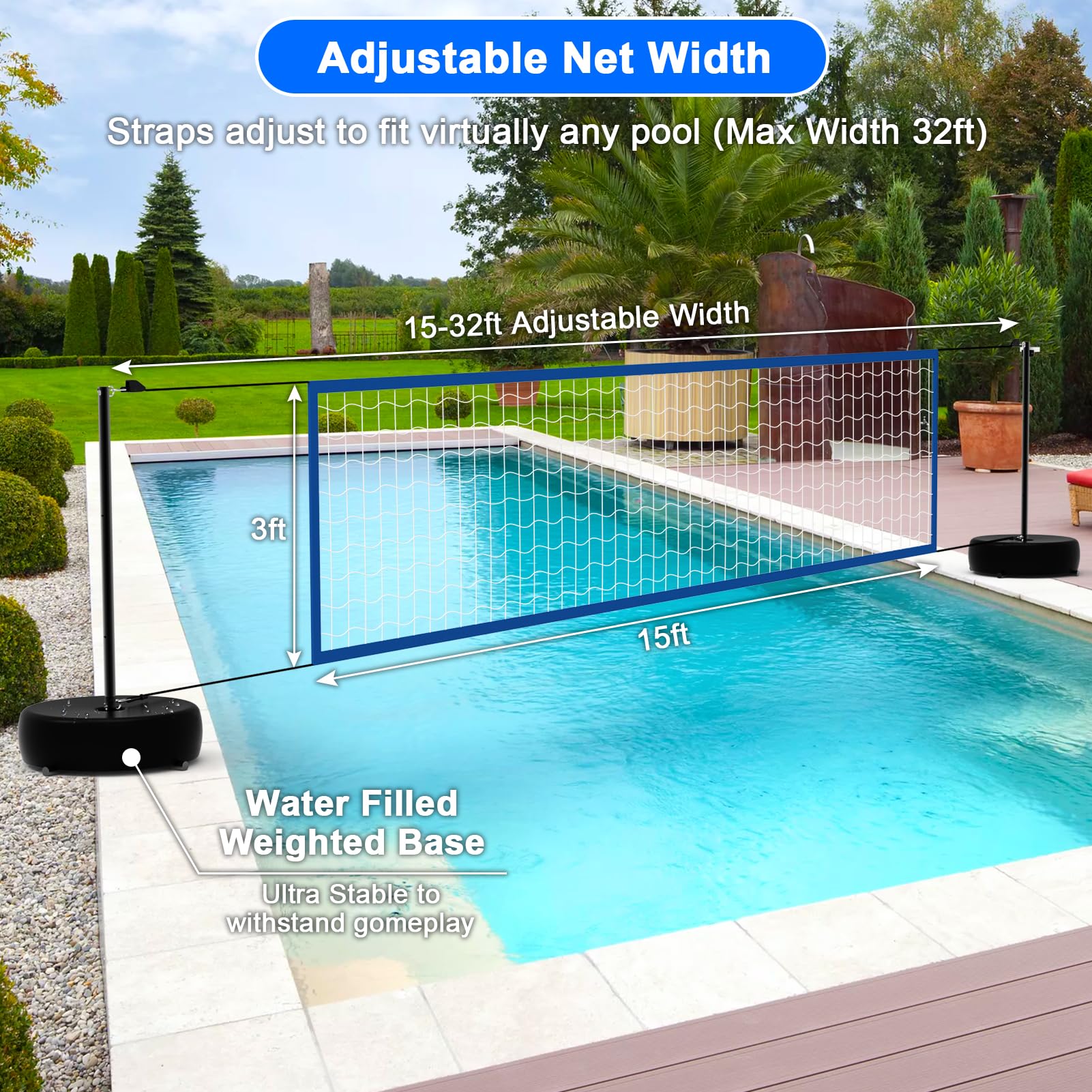 Solar Powered Pool Volleyball Net Set with LED Lights - Portable Outdoor Volleyball Net for Inground Pools, Includes 2 Glowing Balls, Pump & Weighted Bases, Adjustable Length 15ft-32ft - Perfect for Backyard Parties, Beach Games & Summer Pool Fun