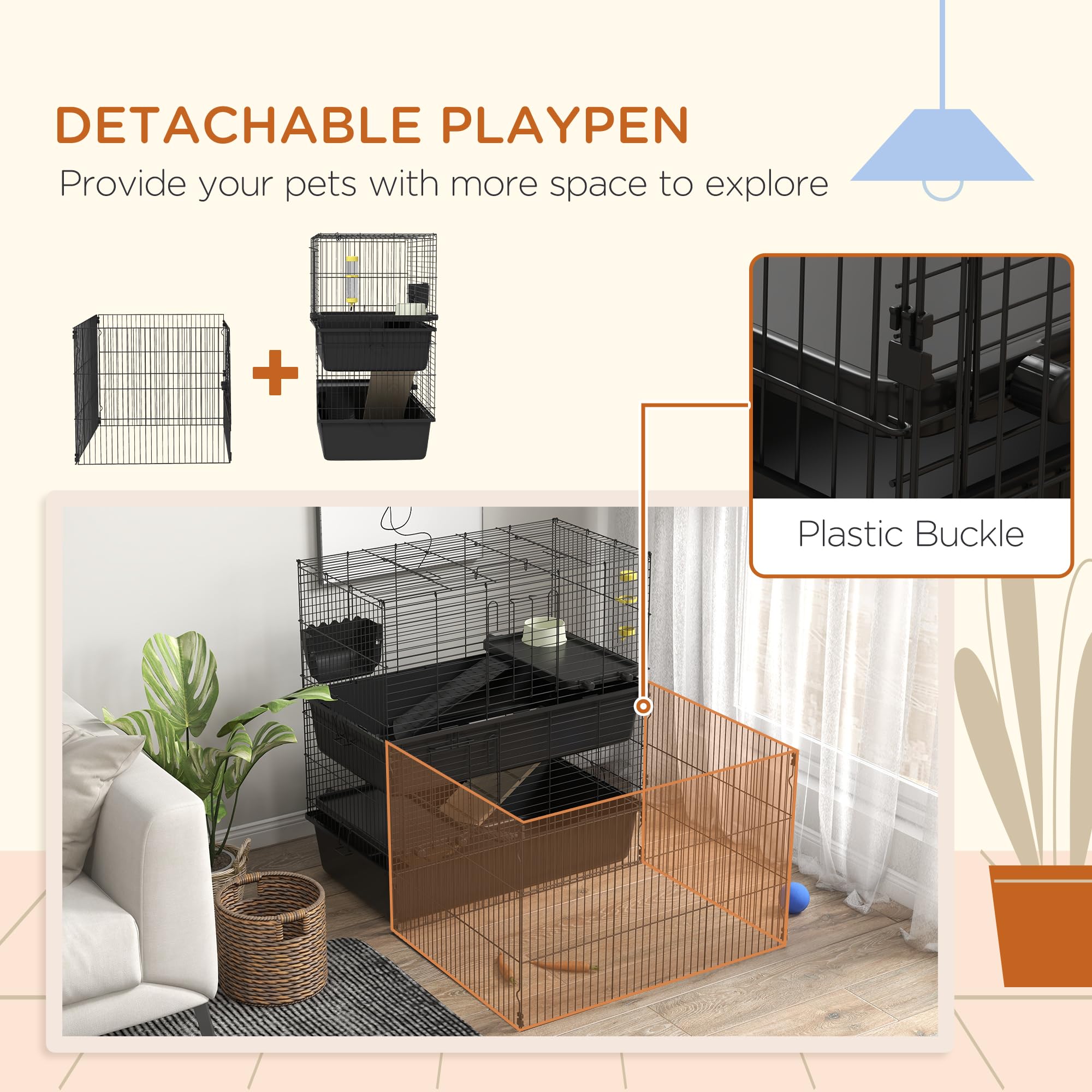 PawHut Small Animal Cage with Playpen - Multi-Level Indoor Pet Habitat for Guinea Pigs, Hedgehogs, Rabbits | Includes Water Bottle, Food Dish, Feeding Trough | Perfect for Small Pet Playtime & Safe Indoor Housing