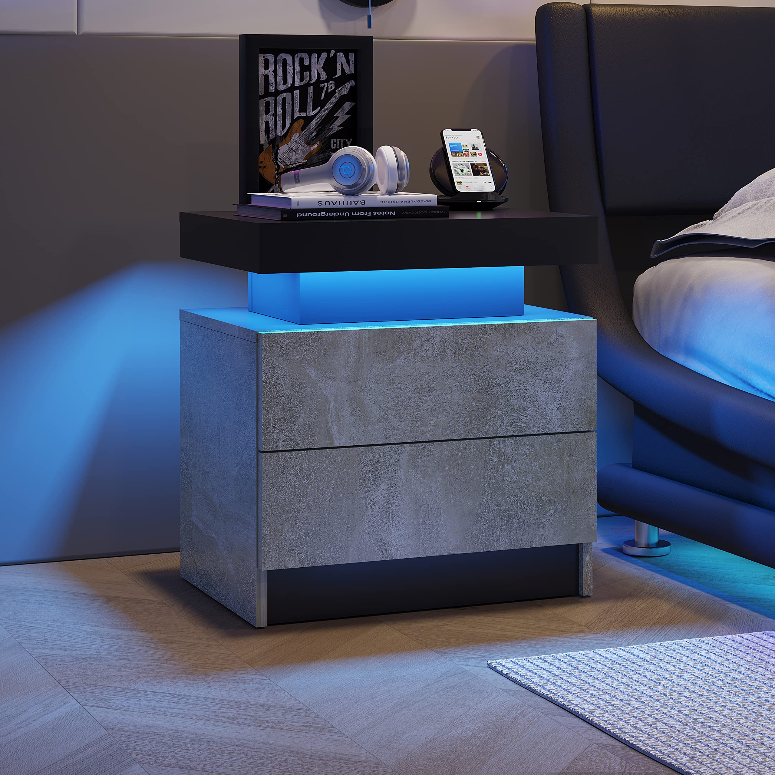 Modern LED Nightstand with 2 Drawers - Grey End Side Table with USB Charging Port | Bedroom & Living Room Furniture for Small Spaces, Apartments & Dorm Rooms