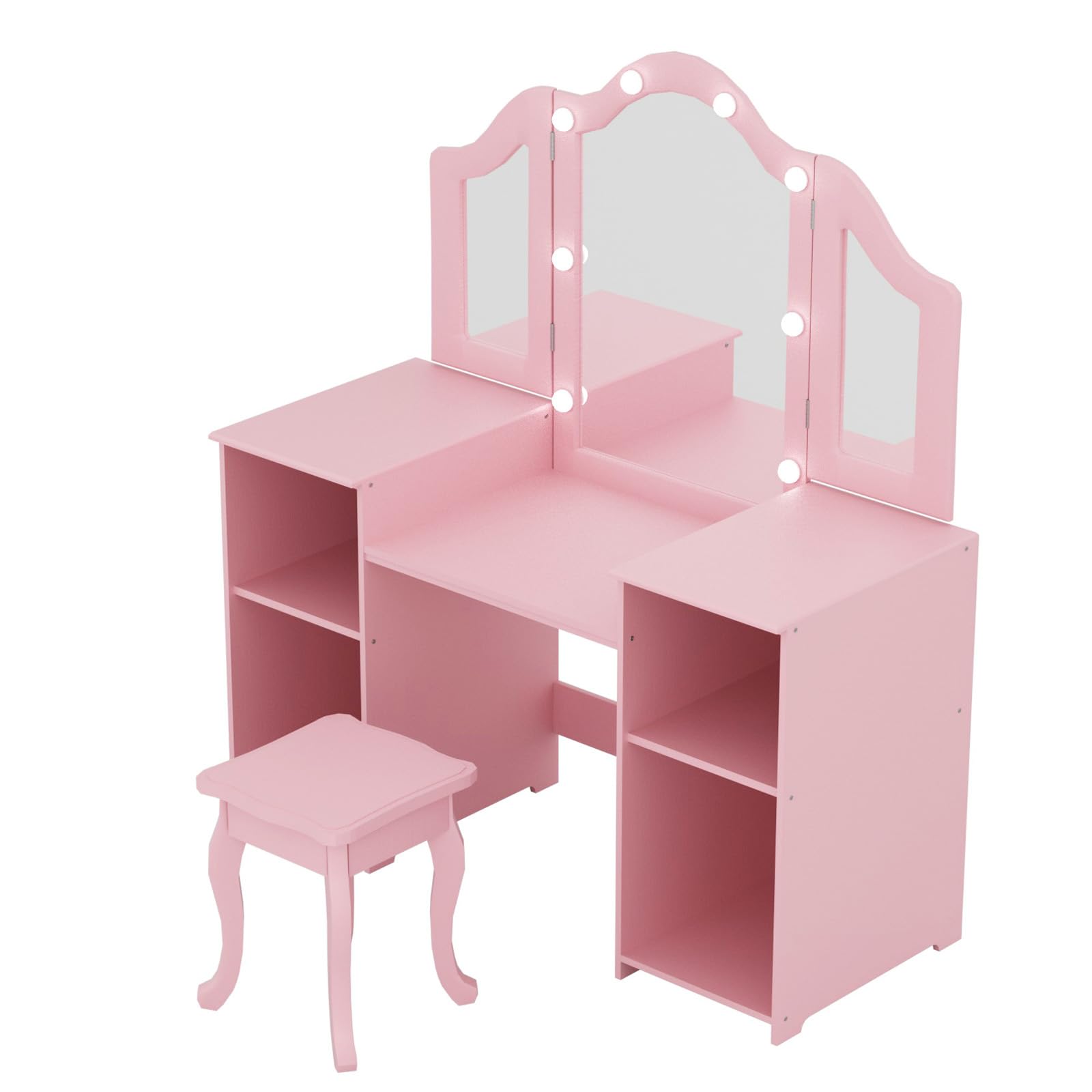 XJD Kids Vanity Set with Mirror, Stool & Lights - 2-in-1 Wooden Princess Makeup Desk & Storage Cabinet for Girls (Pink) | Perfect for Bedroom Decor, Birthday Gifts & Pretend Play