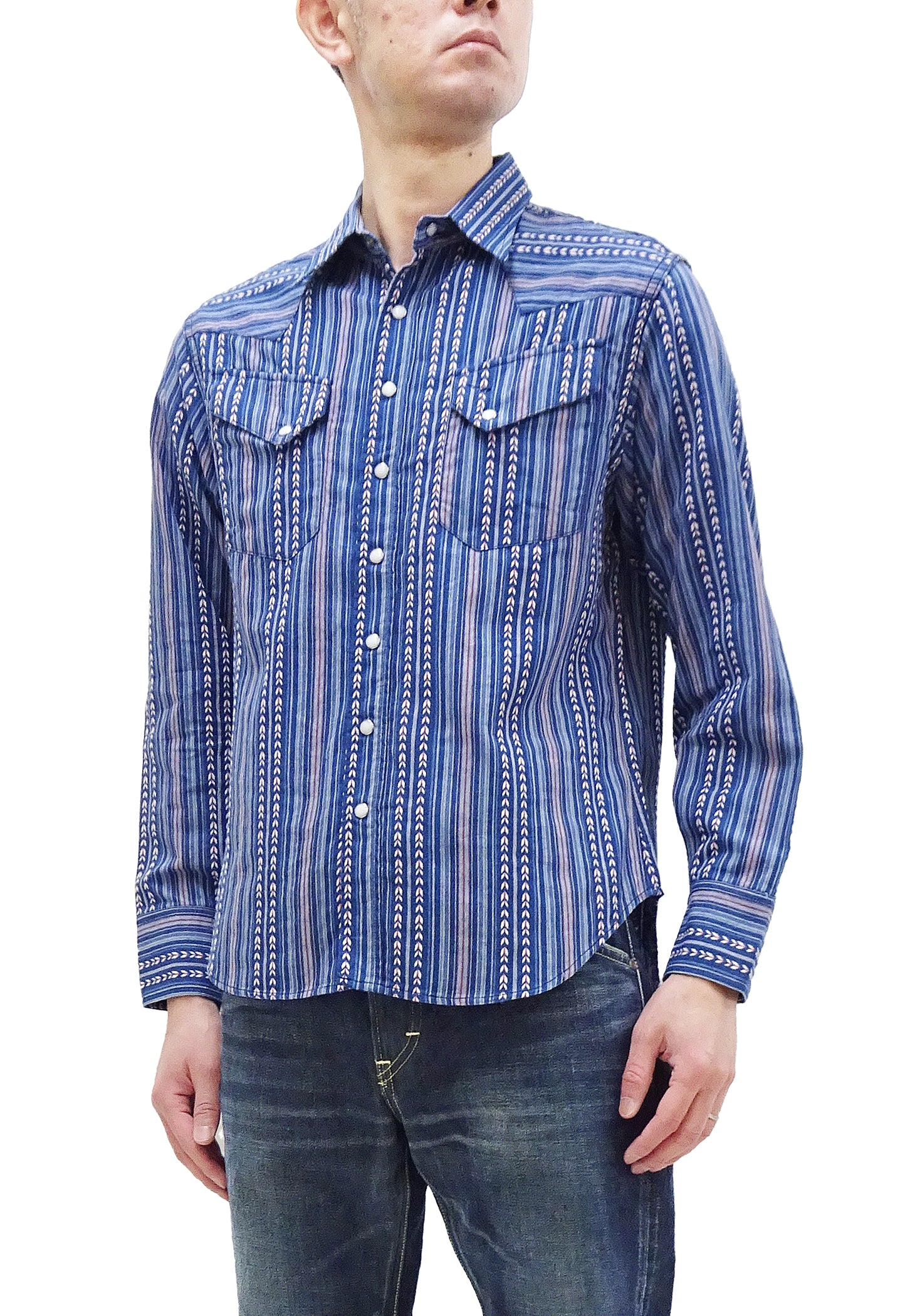 Men's Western Long Sleeve Shirt - Sugar Cane Stripe Serape Style (SC28998) | 125/Blue | Perfect for Country Music Festivals & Rodeo Events