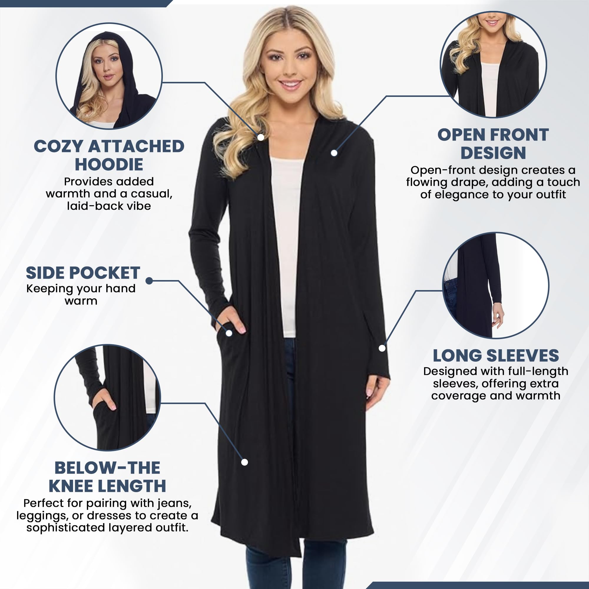 Isaac Liev Women's Lightweight Hooded Cardigan - Long Open Front Duster Sweater with Hood | Trendy Maxi Cardigan for Casual Wear, Layering & Fall Fashion