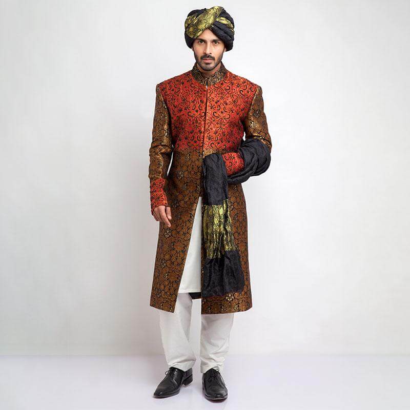 Antique Gold & Black Pure Brocade Jamavar Sherwani for Men | Elegant Indian Wedding Attire | Perfect for Grooms, Festivals & Special Occasions
