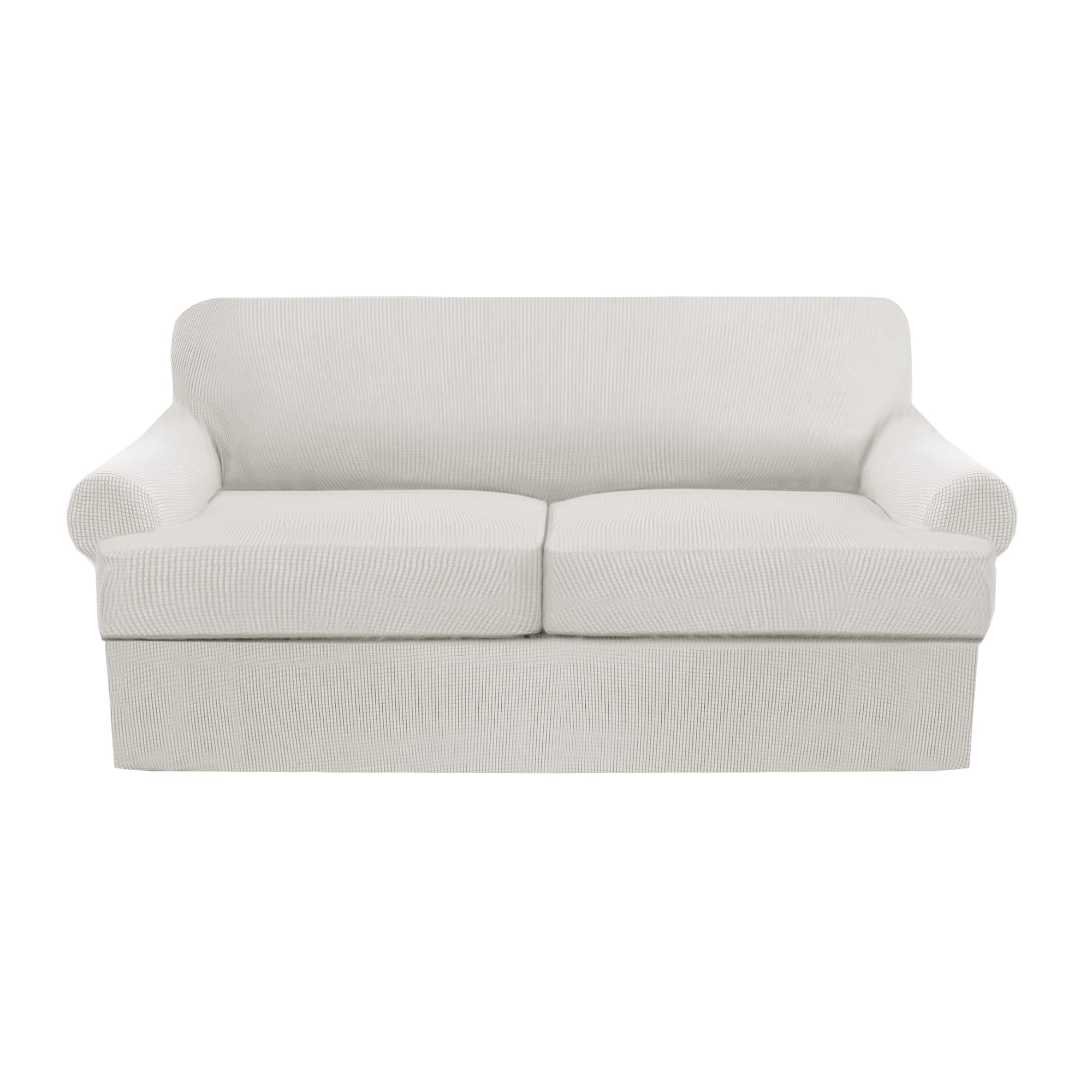 3 Piece T-Cushion Sofa Slipcovers - Thick Stretchable Couch Cover Furniture Protector for 2-Cushion Loveseat with Washable Removable Covers (White) - Perfect for Living Room, Apartment & Home Decor Protection