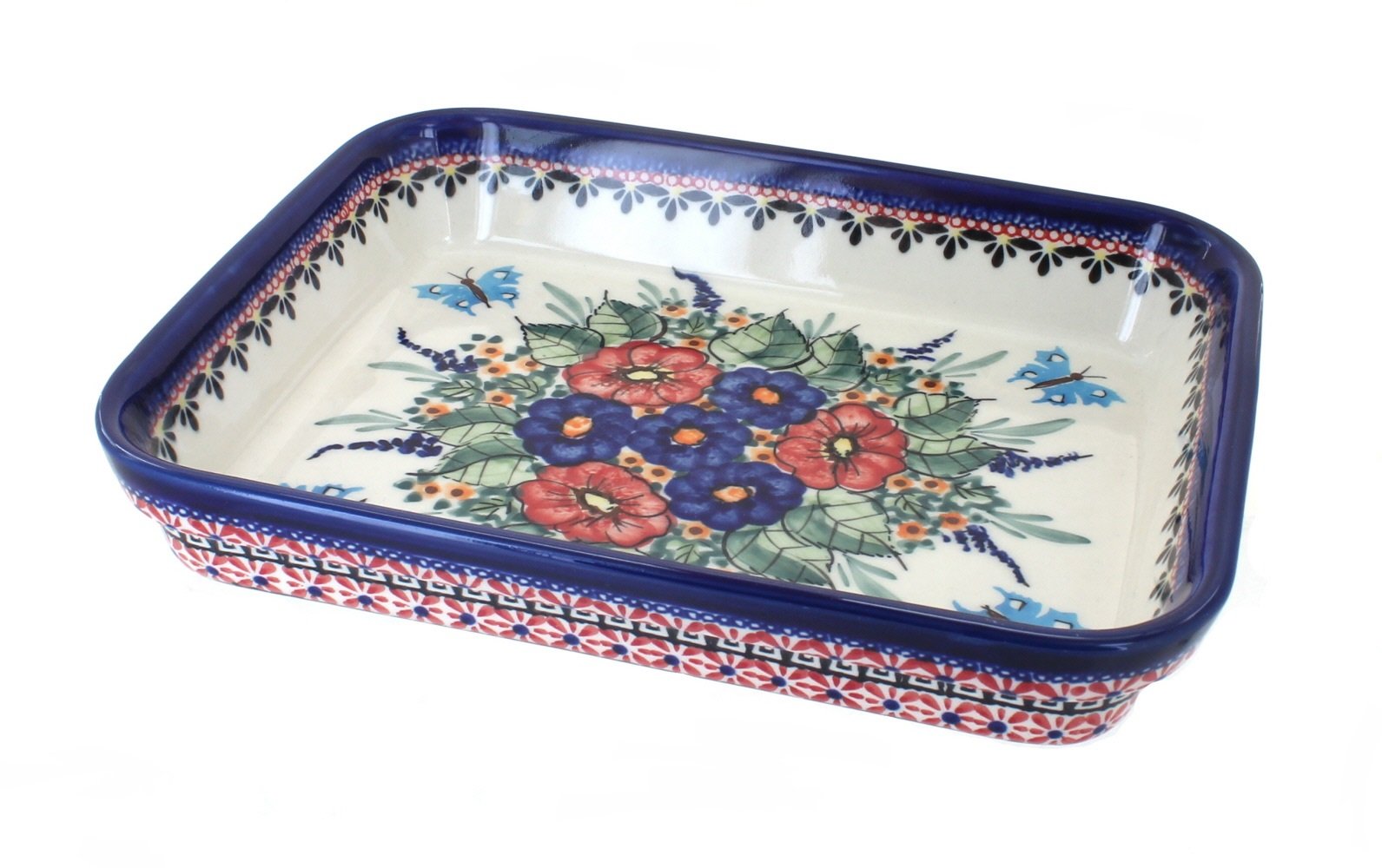 Blue Rose Polish Pottery Floral Butterfly Medium Rectangular Baker - Handmade Ceramic Baking Dish for Casseroles, Lasagna & Desserts | Perfect for Holiday Dinners & Family Gatherings