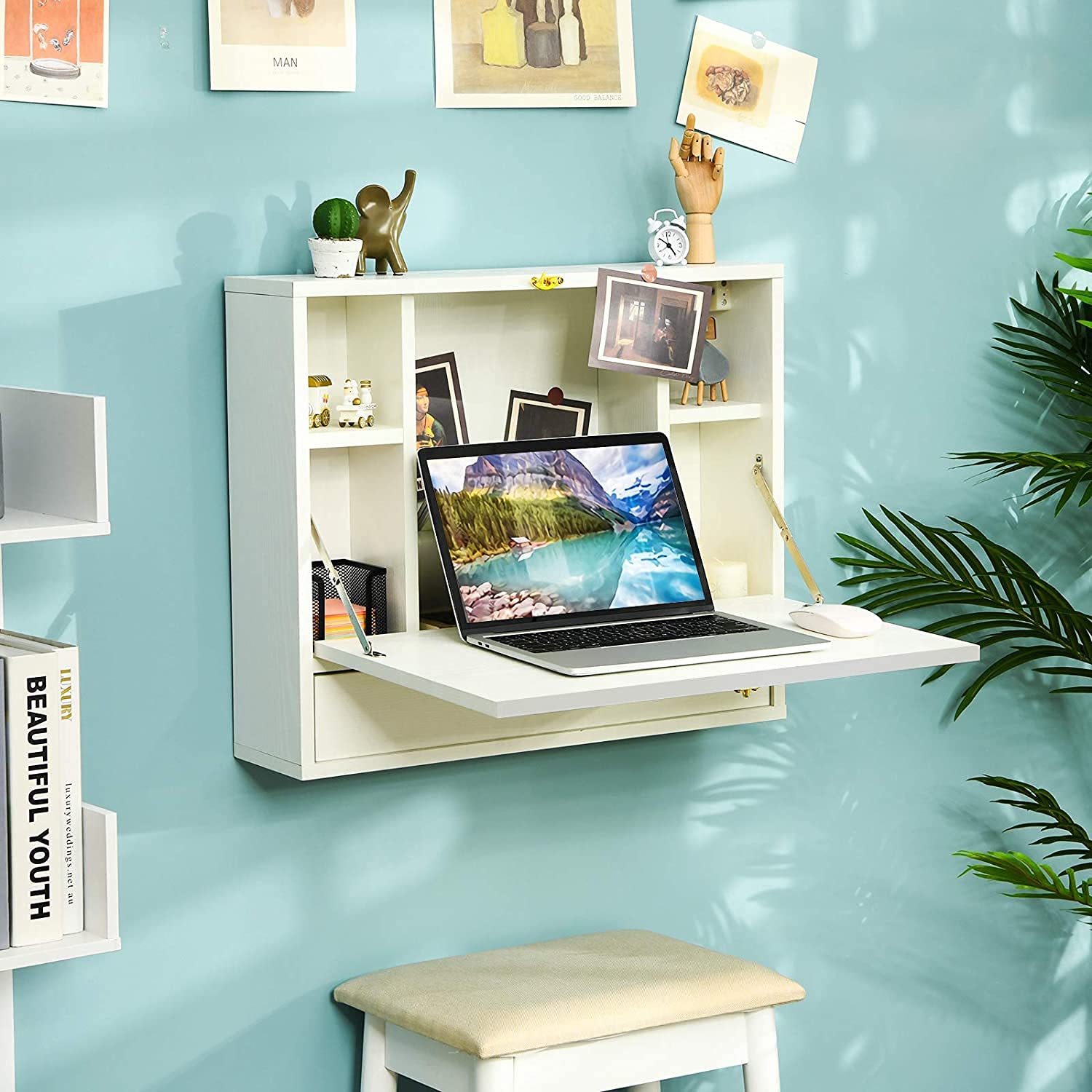 Topment Wall Mounted Folding Desk - Space Saving Home Office Workstation with Storage | White Hanging Laptop Desk for Small Spaces | Perfect for Bedroom, Study & Apartment Workspaces