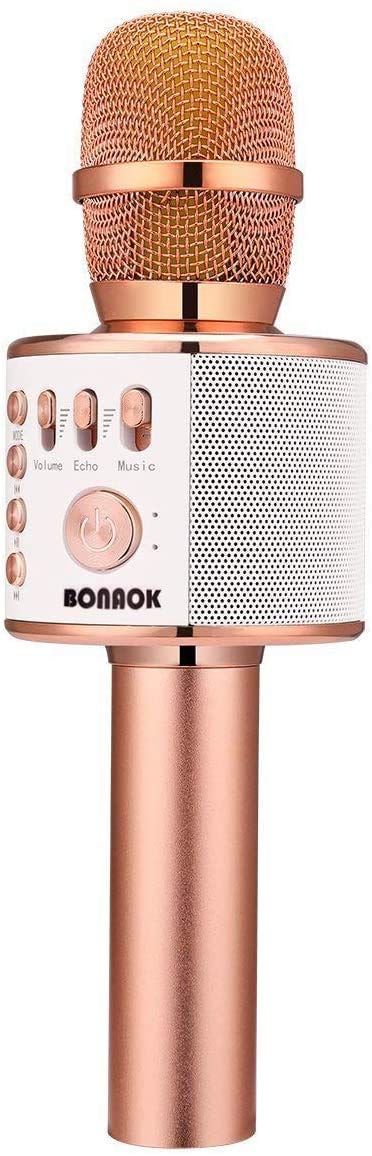 BONAOK Wireless Bluetooth Karaoke Microphone with Speaker - 3-in-1 Portable Handheld Mic for Singing, Recording & Parties | Compatible with All Smartphones & PC | Perfect for Home Karaoke, Birthday Celebrations & Travel (Rose Gold Q37)