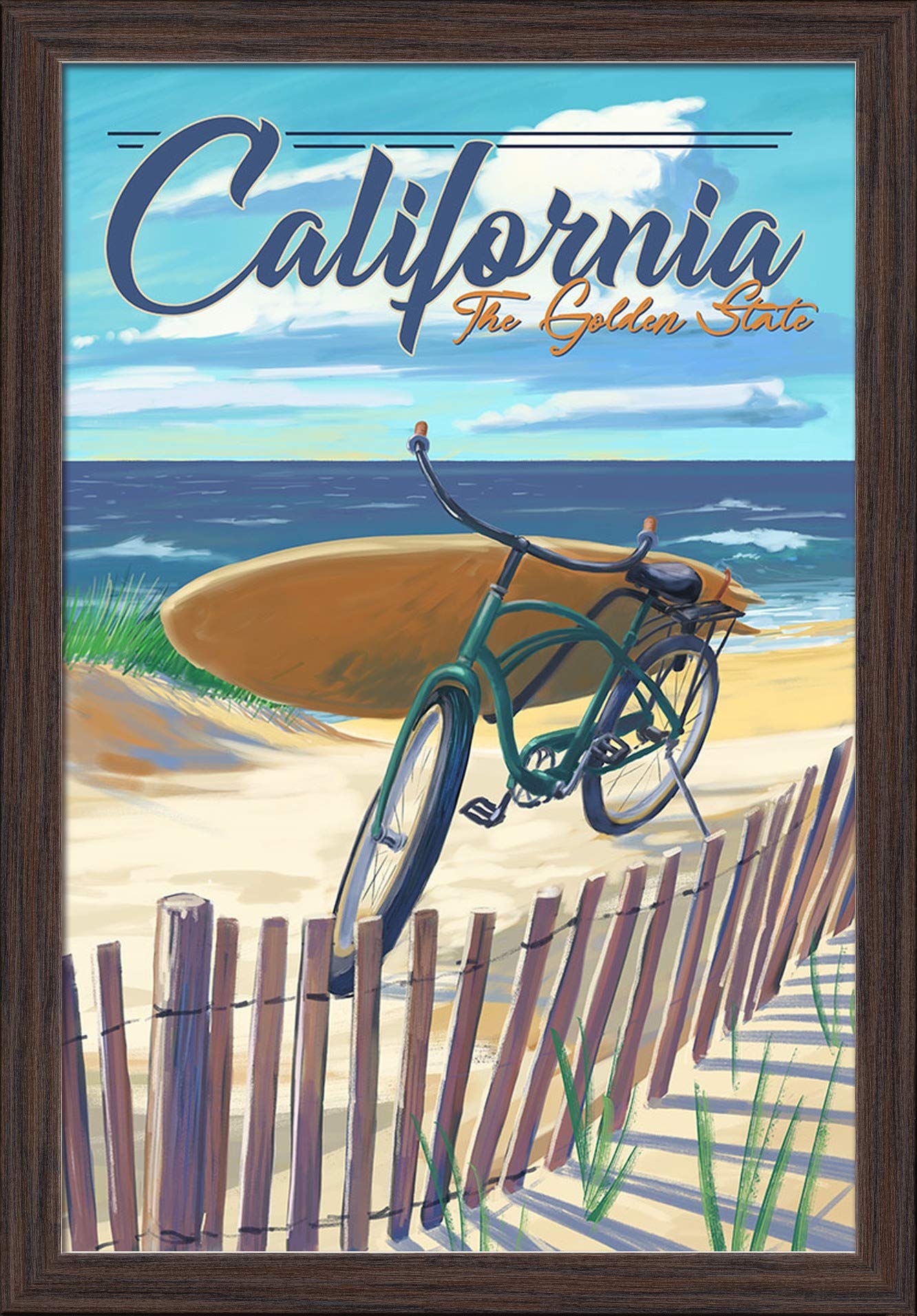 California Golden State Beach Cruiser Bicycle Art Print - 16x24 Giclee Fine Art, Recycled Wood Frame in Espresso Brown - Perfect for Beach House Decor & Coastal Wall Art