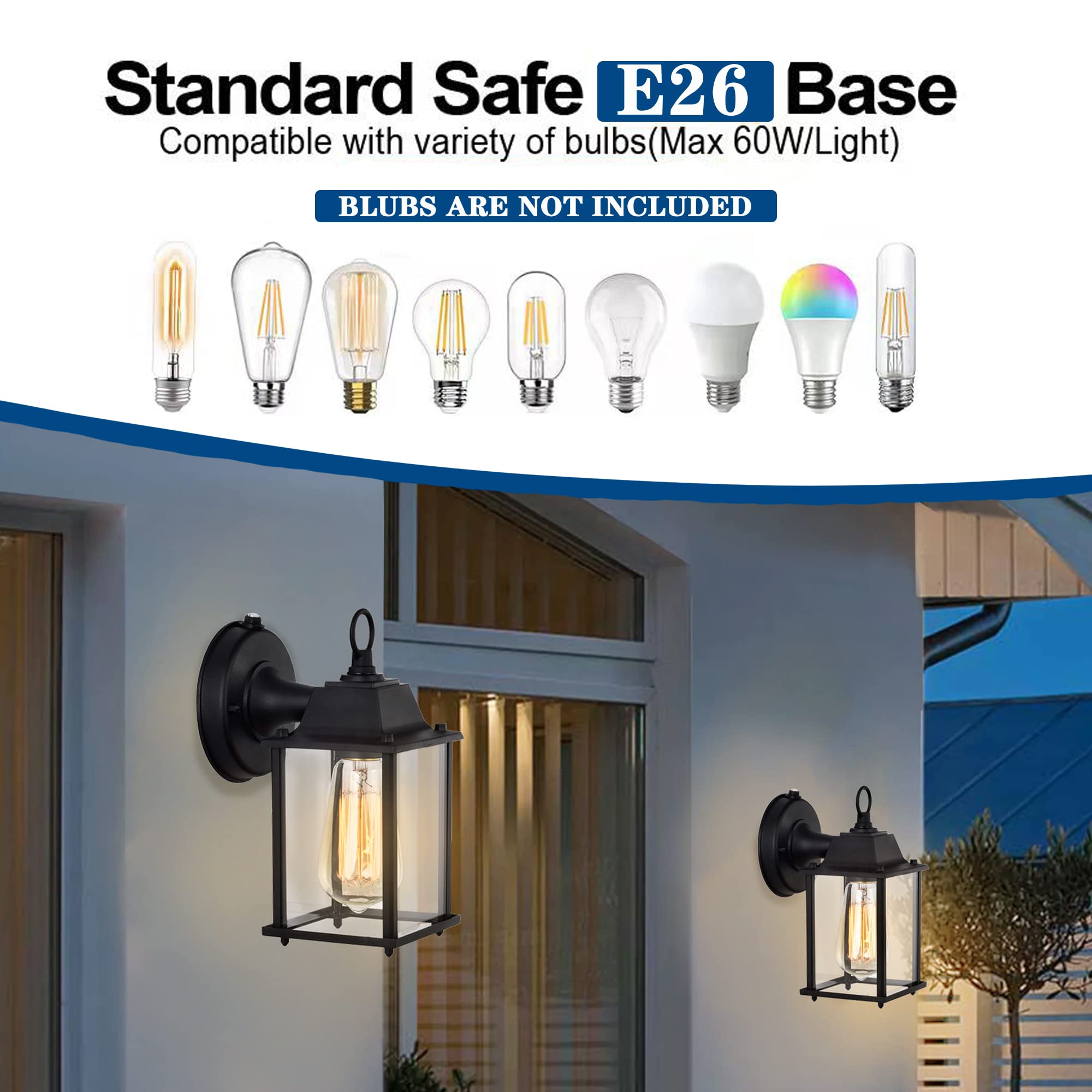 Dusk to Dawn Outdoor Light Fixture 2 Pack - Black Waterproof Wall Mount Garage Lights for House Exterior, Aluminum Alloy Construction | Perfect for Driveway, Porch, Garden & Backyard Security Lighting