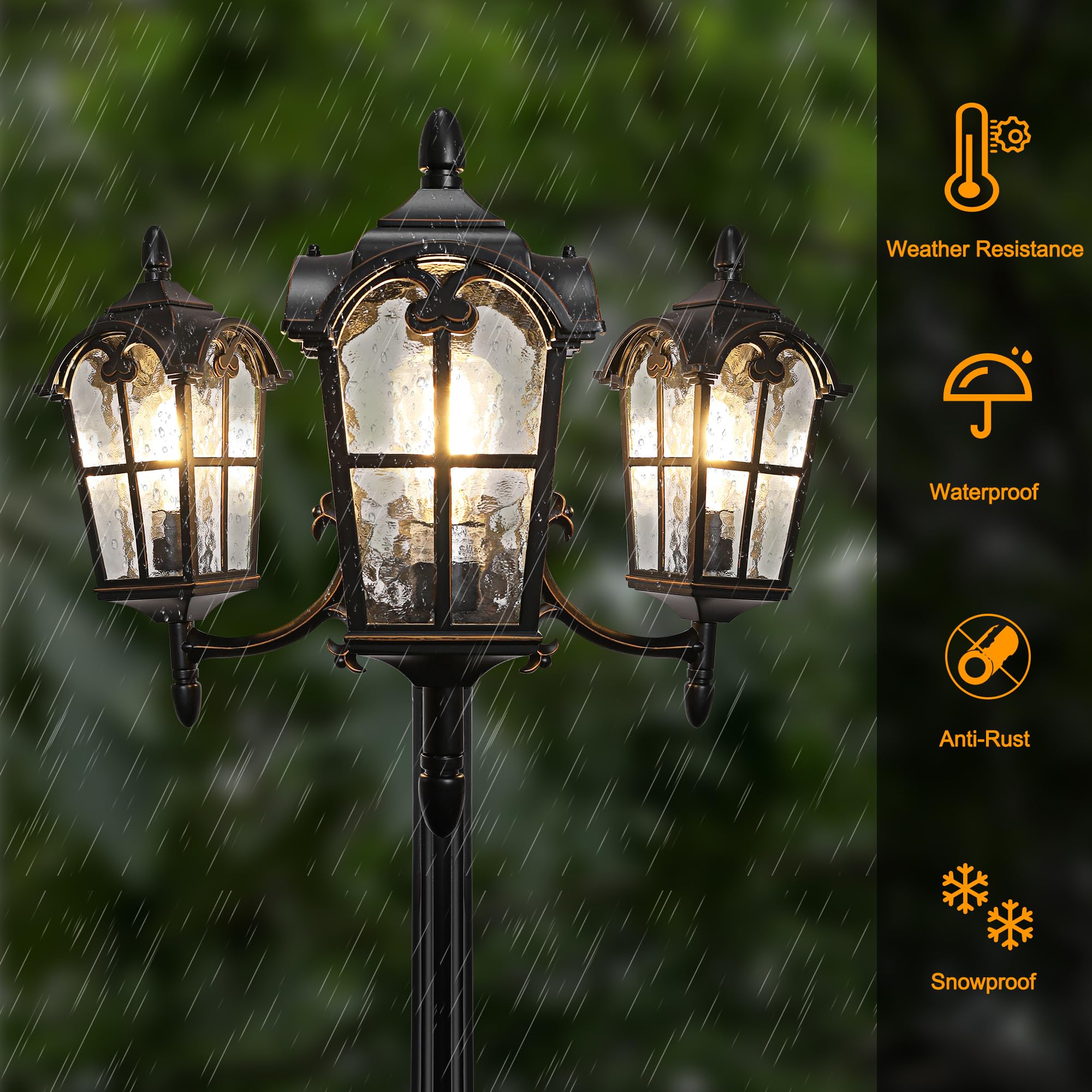 Black Roman Outdoor Lamp Post - Triple Head Aluminum Street Light with Water Glass, Waterproof Pole Lighting for Backyard, Garden, Patio, Driveway | Durable & Elegant Exterior Lighting for Pathways, Landscaping & Outdoor Decor