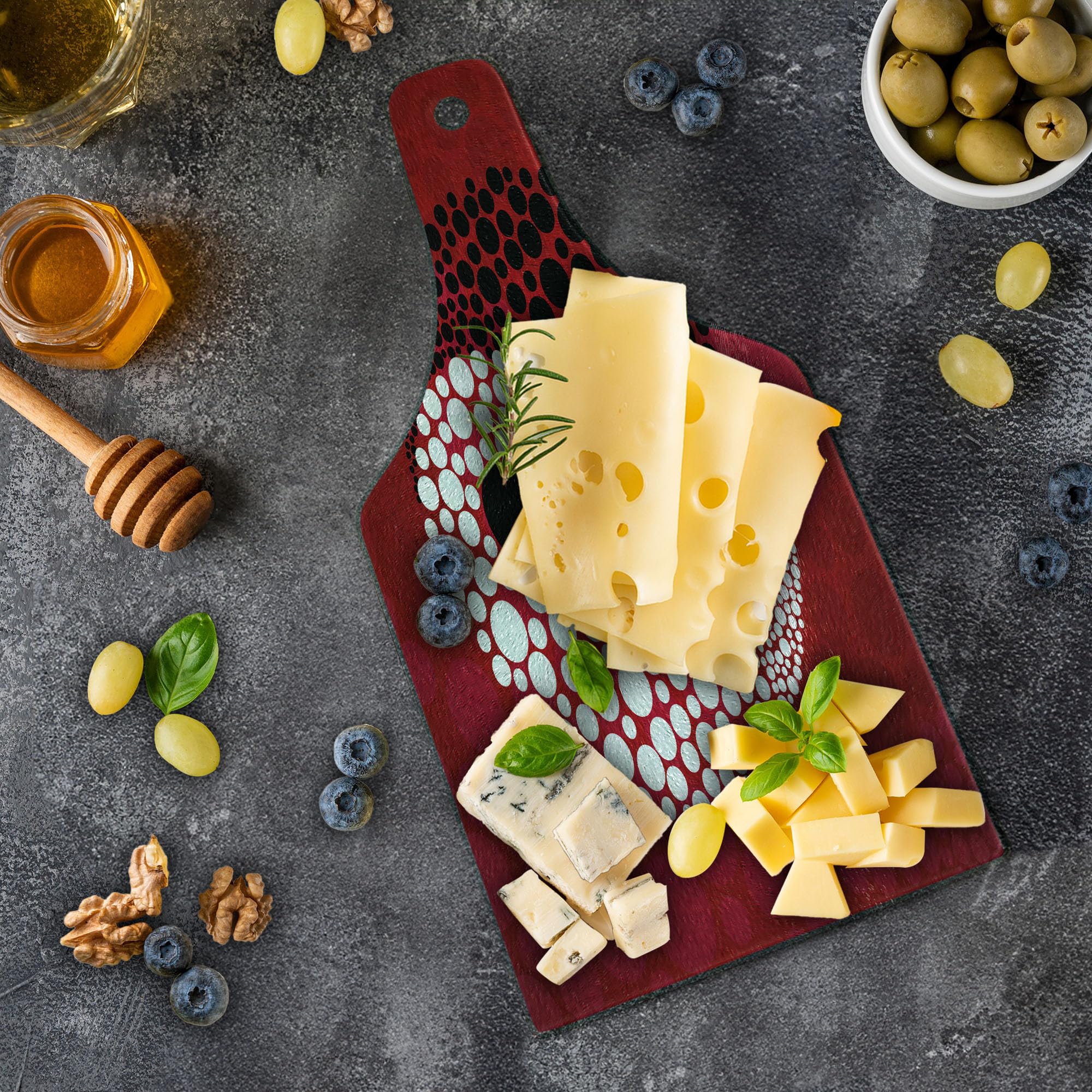Ambesonne Yin Yang Tempered Glass Cutting Board - Black and White Abstract Design with Dots Pattern for Kitchen & Serving - Wine Bottle Shape Decorative Board for Cheese, Charcuterie & Entertaining