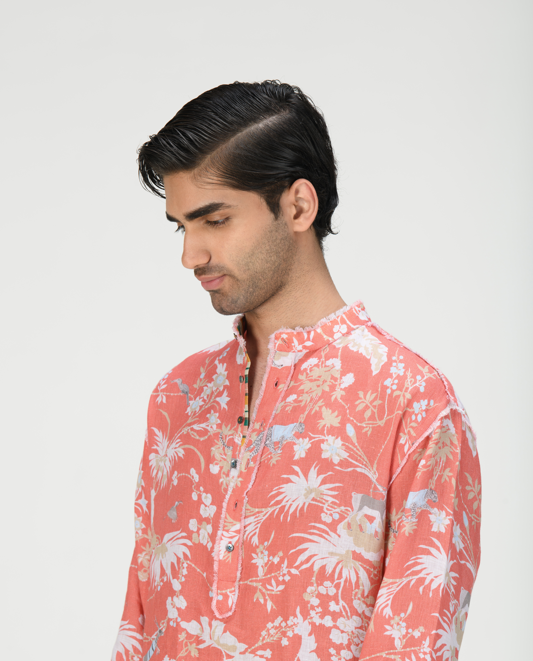 Men's Linen Kurta in Coral - Comfortable & Breathable Traditional Indian Attire for Festivals, Weddings & Casual Wear