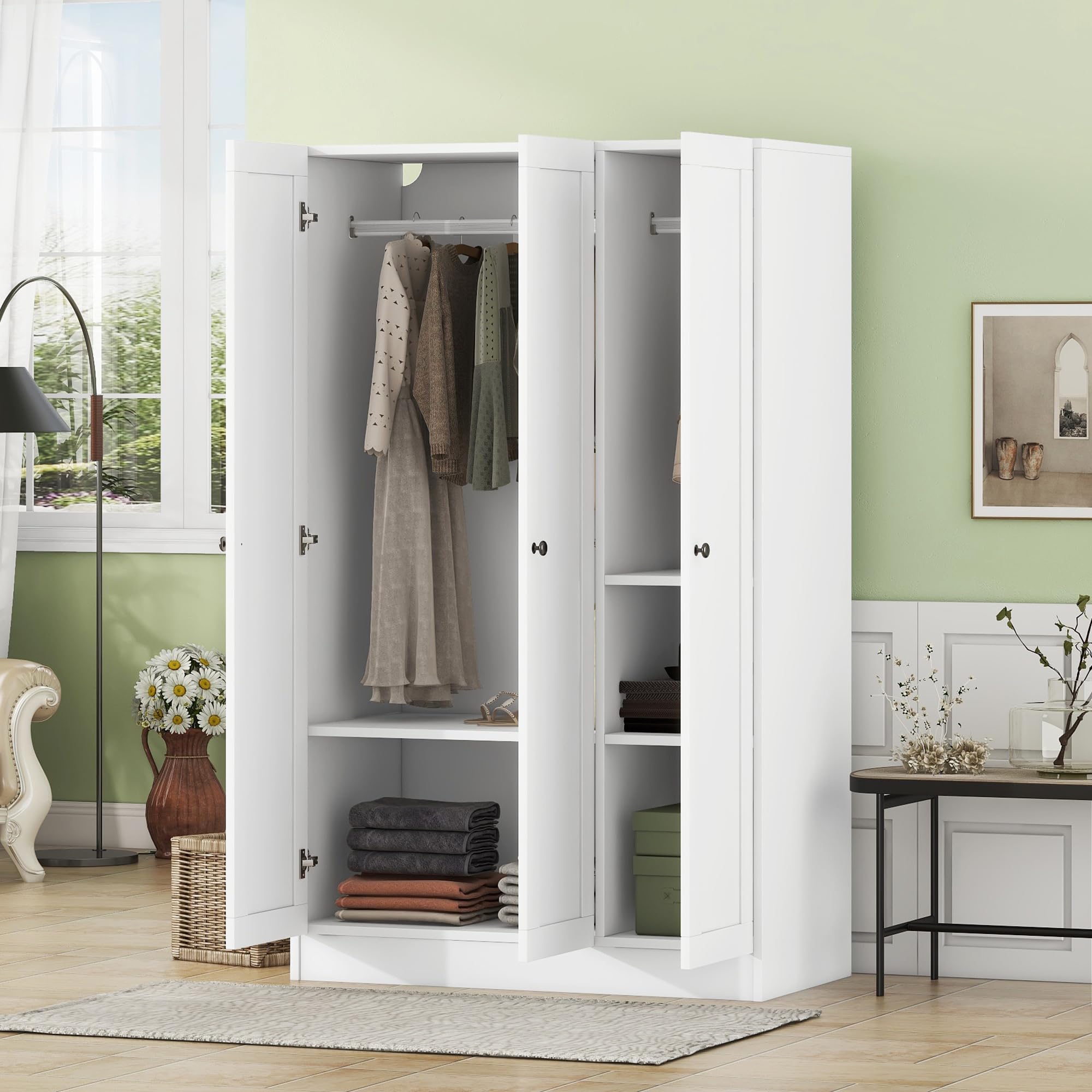 Merax White 3-Door Wardrobe Cabinet with Storage Shelves & Hanging Rail - Closet Organizer for Bedroom, Clothes Storage Solution - Perfect for Small Spaces, Apartments & Home Organization