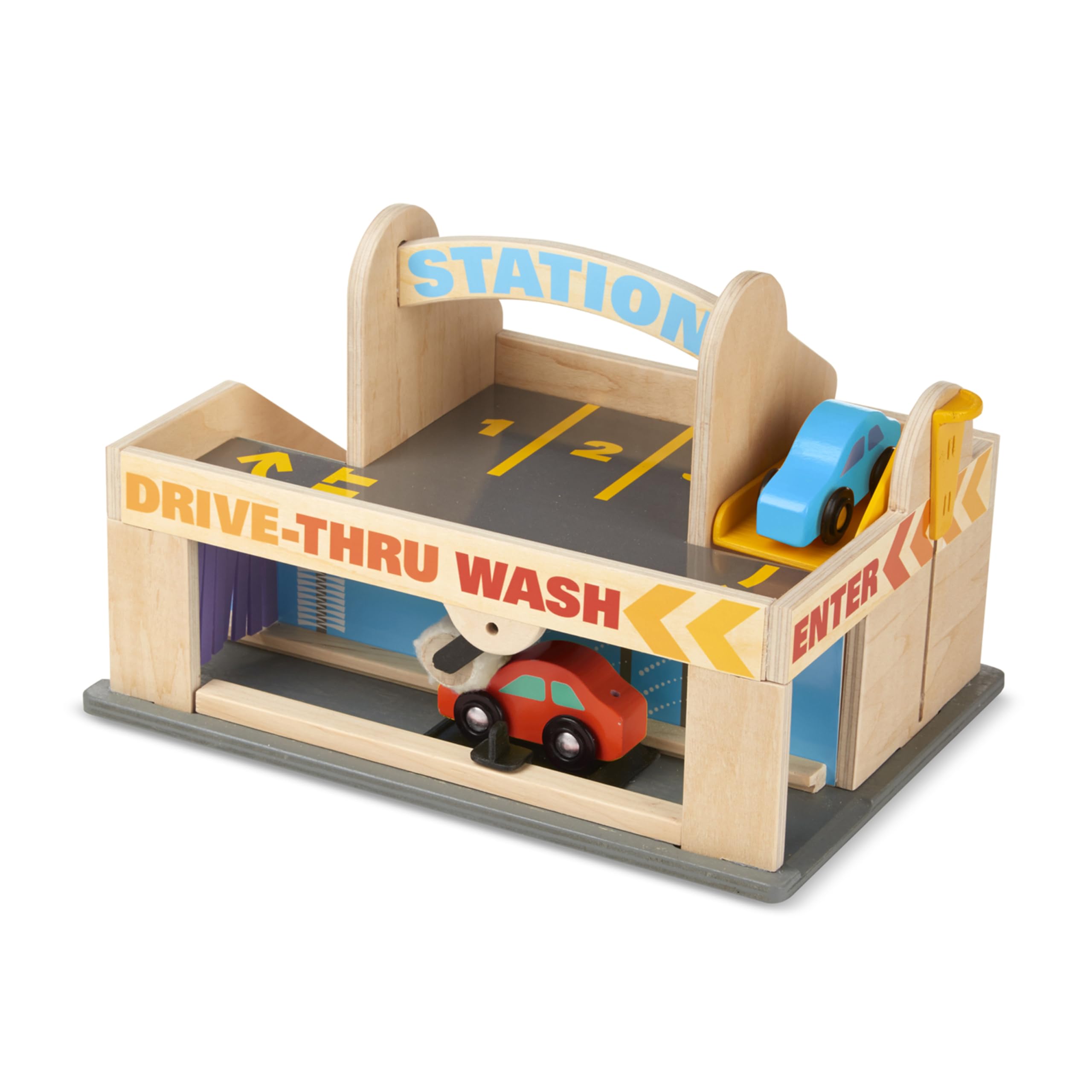 Melissa & Doug Wooden Service Station Parking Garage Toy Set with 2 Cars & Drive-Thru Car Wash - Perfect for Kids Pretend Play & Early Learning (SIOC)