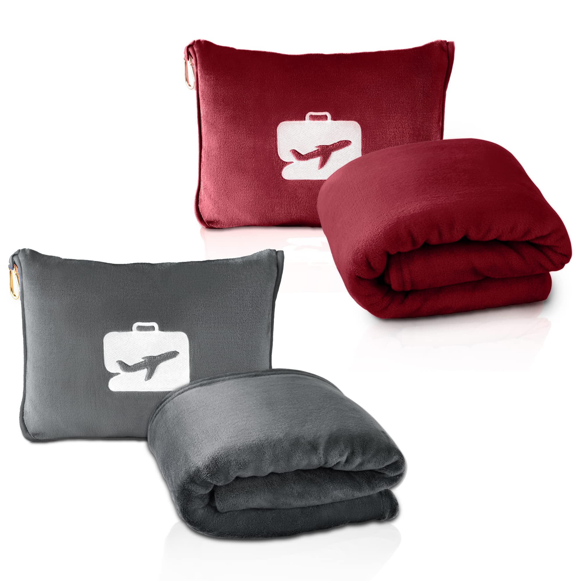 EverSnug Ultra Soft Travel Blanket and Pillow Set - Compact Airplane Essentials with Carry Case for Women & Kids (Burgundy & Grey) | Perfect for Flights, Road Trips & Camping Adventures