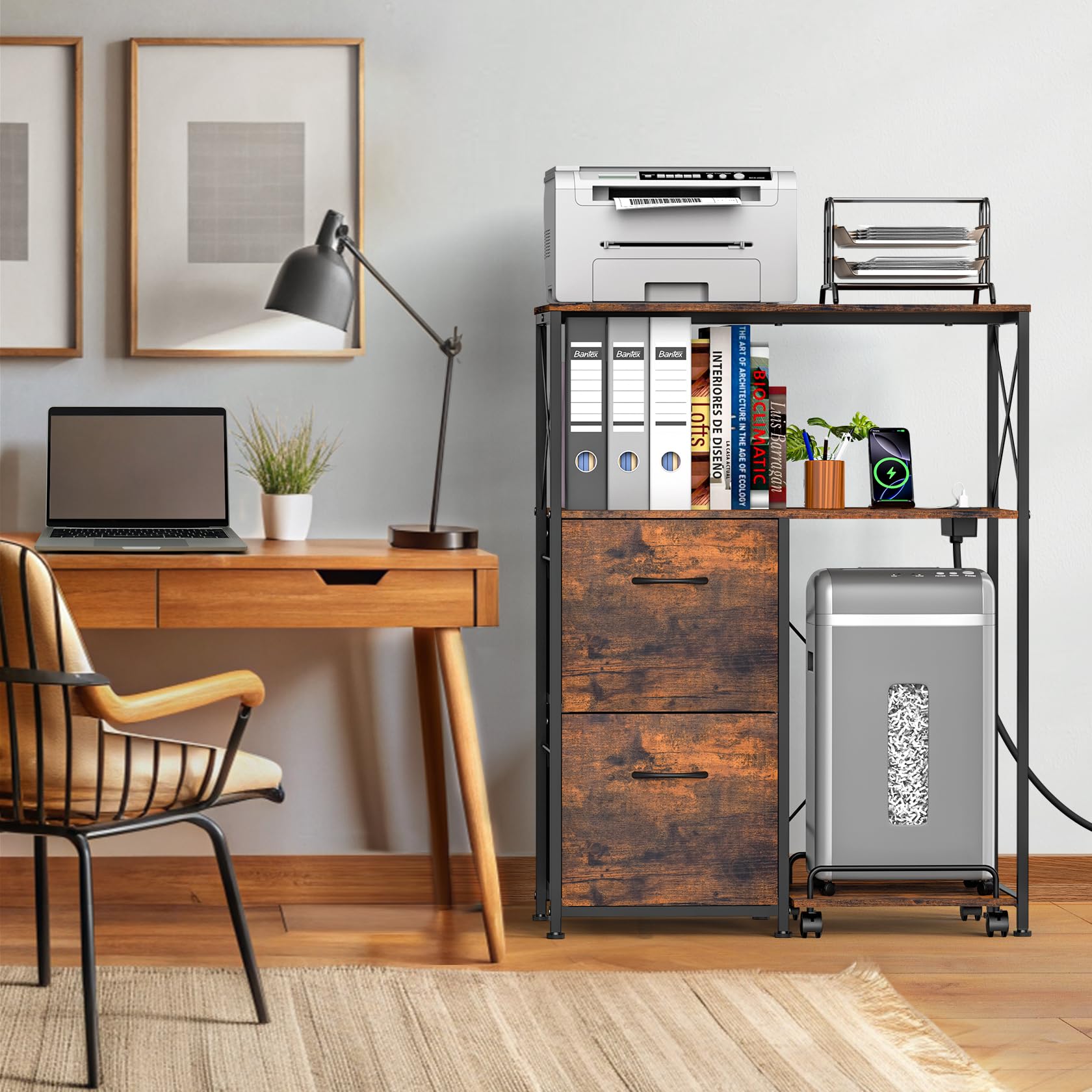 2 Drawer File Cabinet with Charging Station - Vertical Office Storage & Printer Stand for Home & Workspace - Organize PC Tower, Host Computer & Documents - Perfect for Small Offices & Remote Work