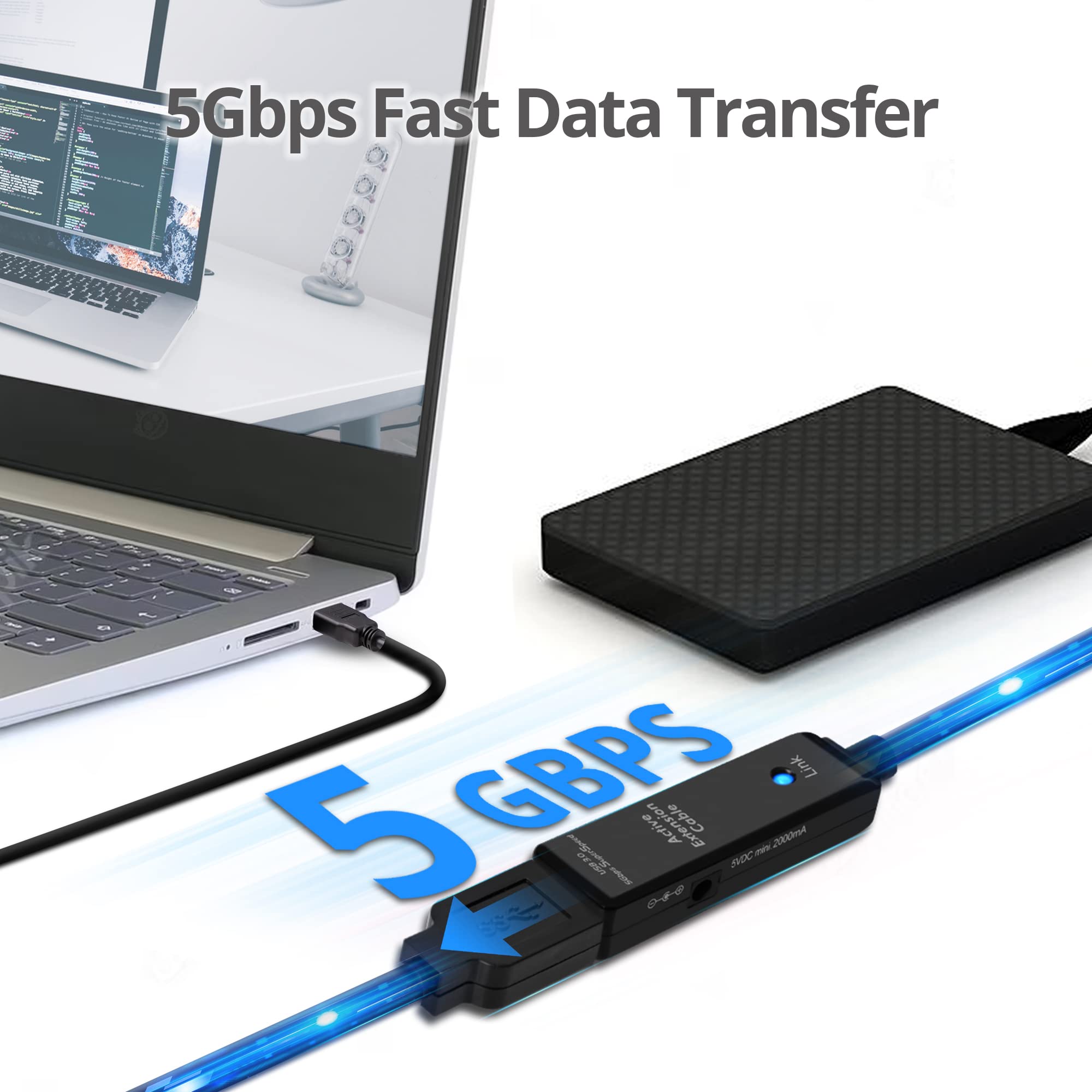 SIIG 15M USB 3.0 Active Extension Cable with Signal Booster - High-Speed Data Transfer for External Hard Drives, Flash Drives, Printers, VR Headsets & Cameras - Perfect for Home Office, Gaming & Professional Workstations (JU-CB0711-S1)