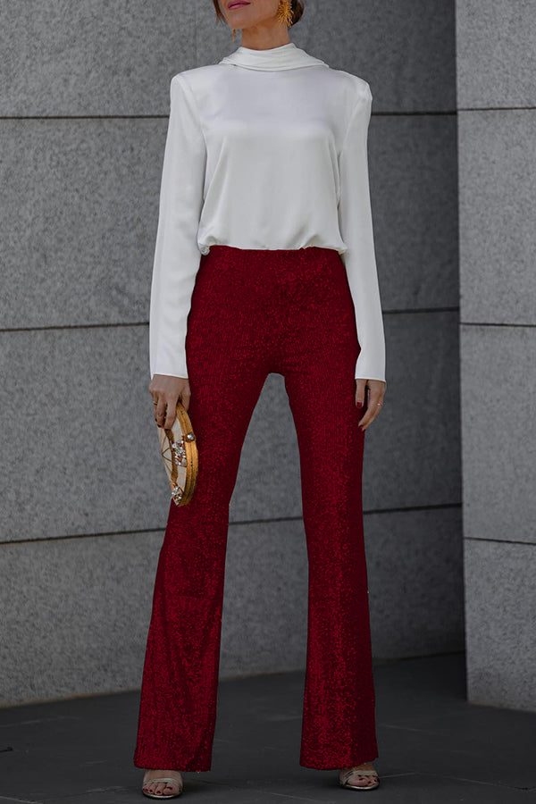 Diva Sequin High Rise Elastic Waist Flare Pants for Women - Glamorous Party Pants with Stretchy Comfort - Perfect for Nightclubs, Concerts & Special Occasions