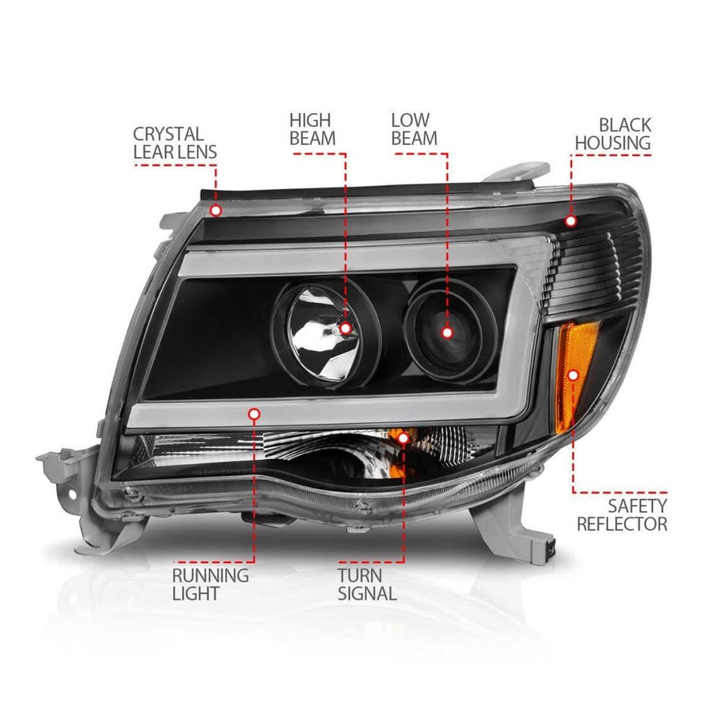 ANZO LED Projector Headlights for Toyota Tacoma 2005-2009 - Black Housing with C-Shaped Light Bar | Durable Replacement Headlights for Off-Roading & Night Driving