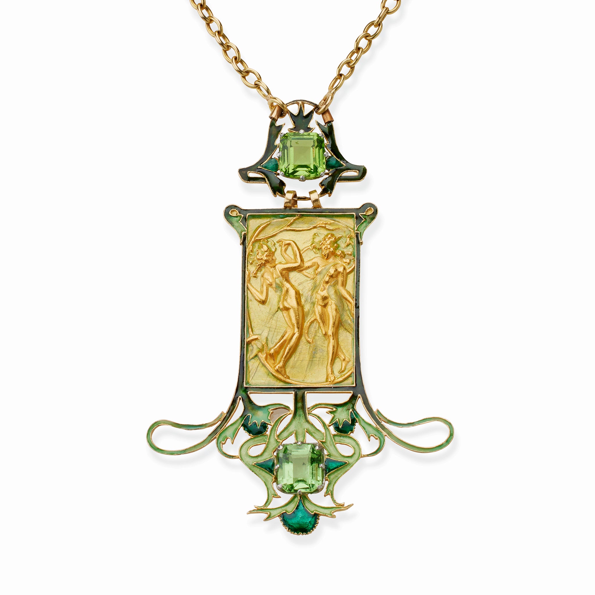 Rare René Lalique 18K Gold Peridot & Enamel Dancing Figures Pendant Necklace - Vintage Art Nouveau Jewelry for Special Occasions & Gift Giving