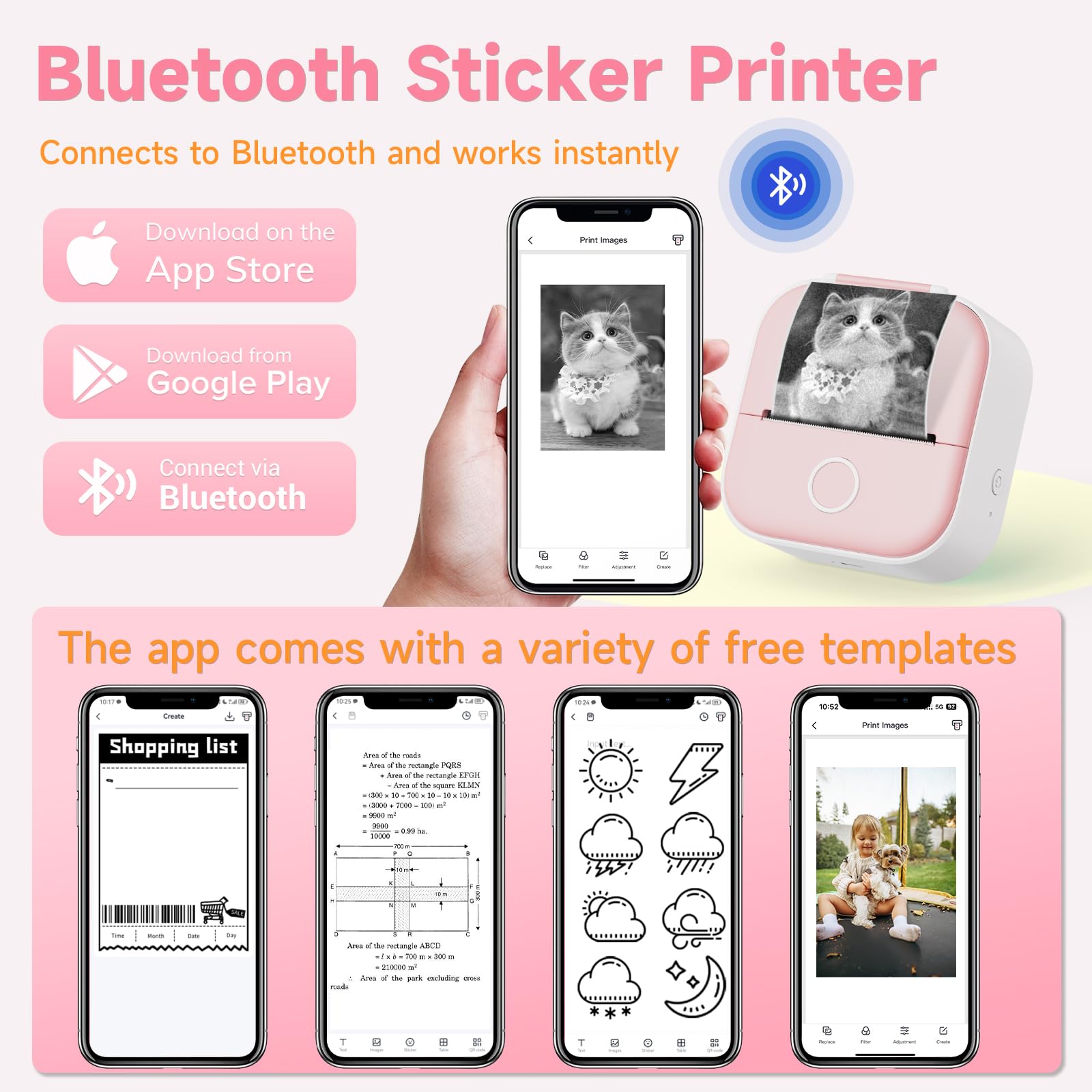 Odaro T02 Mini Bluetooth Thermal Sticker Printer - Portable Sticker Maker Machine with 1 Roll Paper, Wireless Label Printer for School Notes, Journals, Coloring Pictures, DIY Crafts (Pink) - Perfect for Home, Office & Classroom Use
