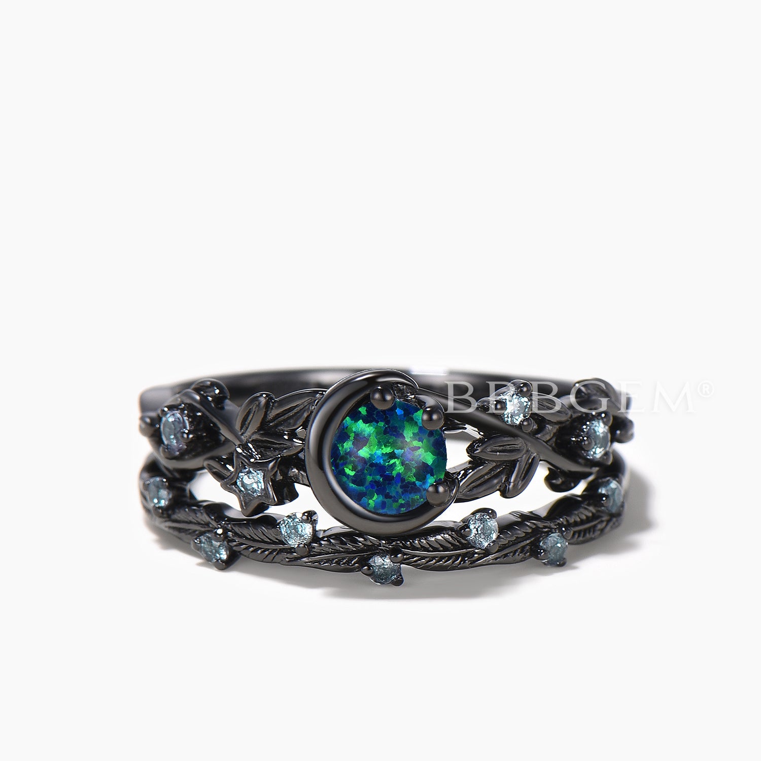 Black Opal & Alexandrite Moon Wedding Ring Set - 14K Black Gold Twisted Band for Women - Perfect for Engagement, Anniversary & Romantic Occasions