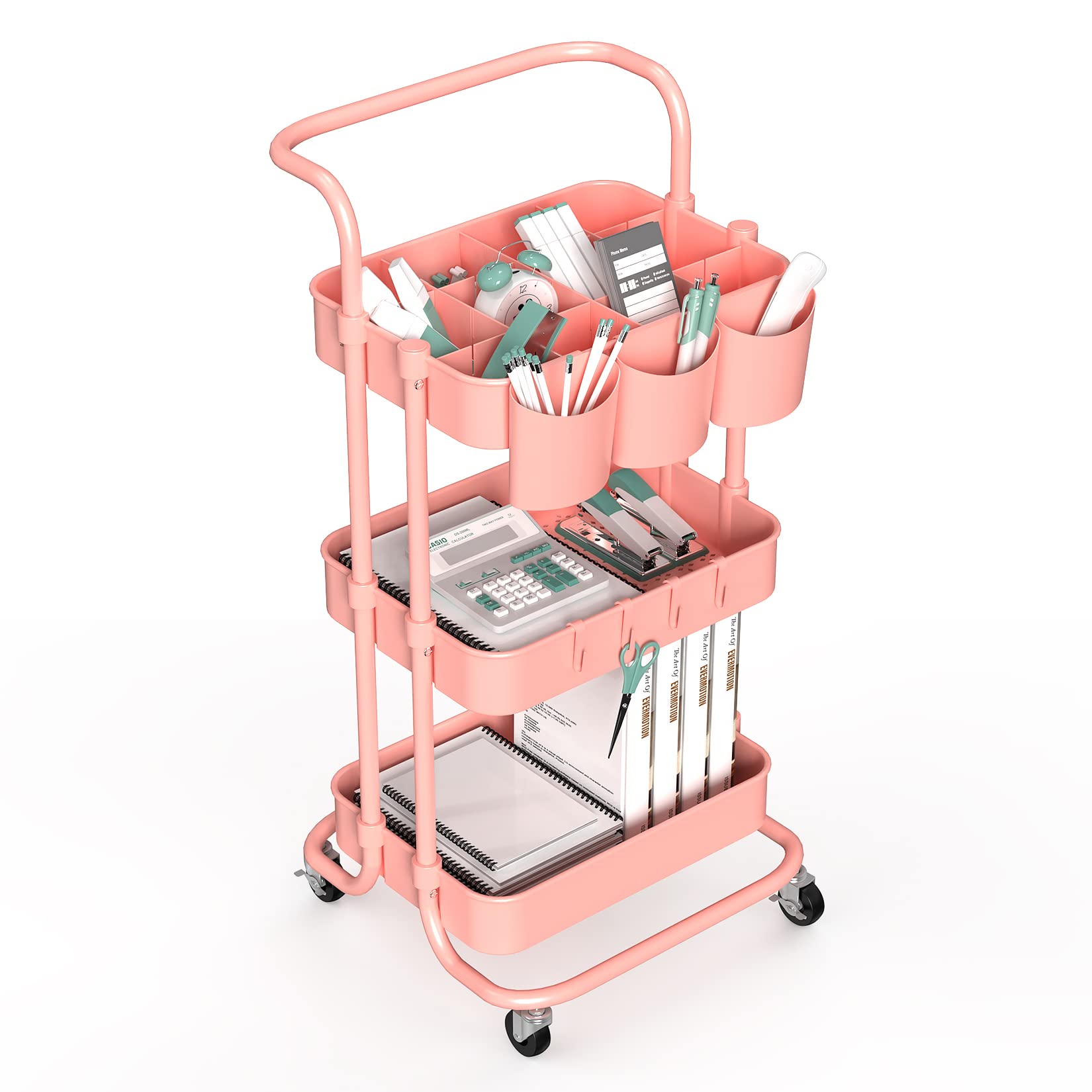 ALVOROG 3-Tier Rolling Utility Cart with Wheels - Mobile Storage Organizer with Hanging Cups for Kitchen, Office, Coffee Bar, Salon & Bathroom - Pink Multi-Purpose Service Cart for Home & Commercial Use