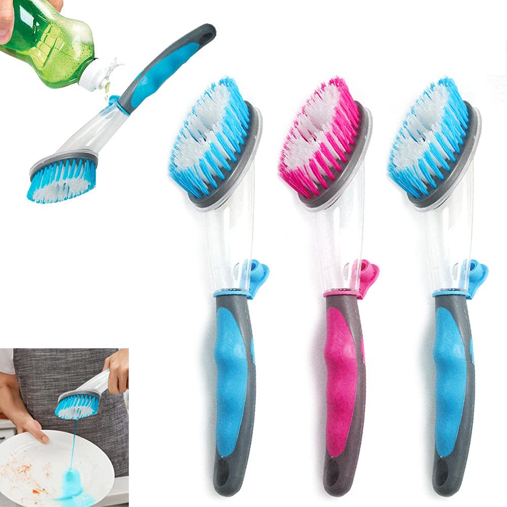 3-Piece Dish Brush Set with Soap Dispenser - Ergonomic Grip Scrubber for Pots, Pans & Kitchen Cleaning - 10.5