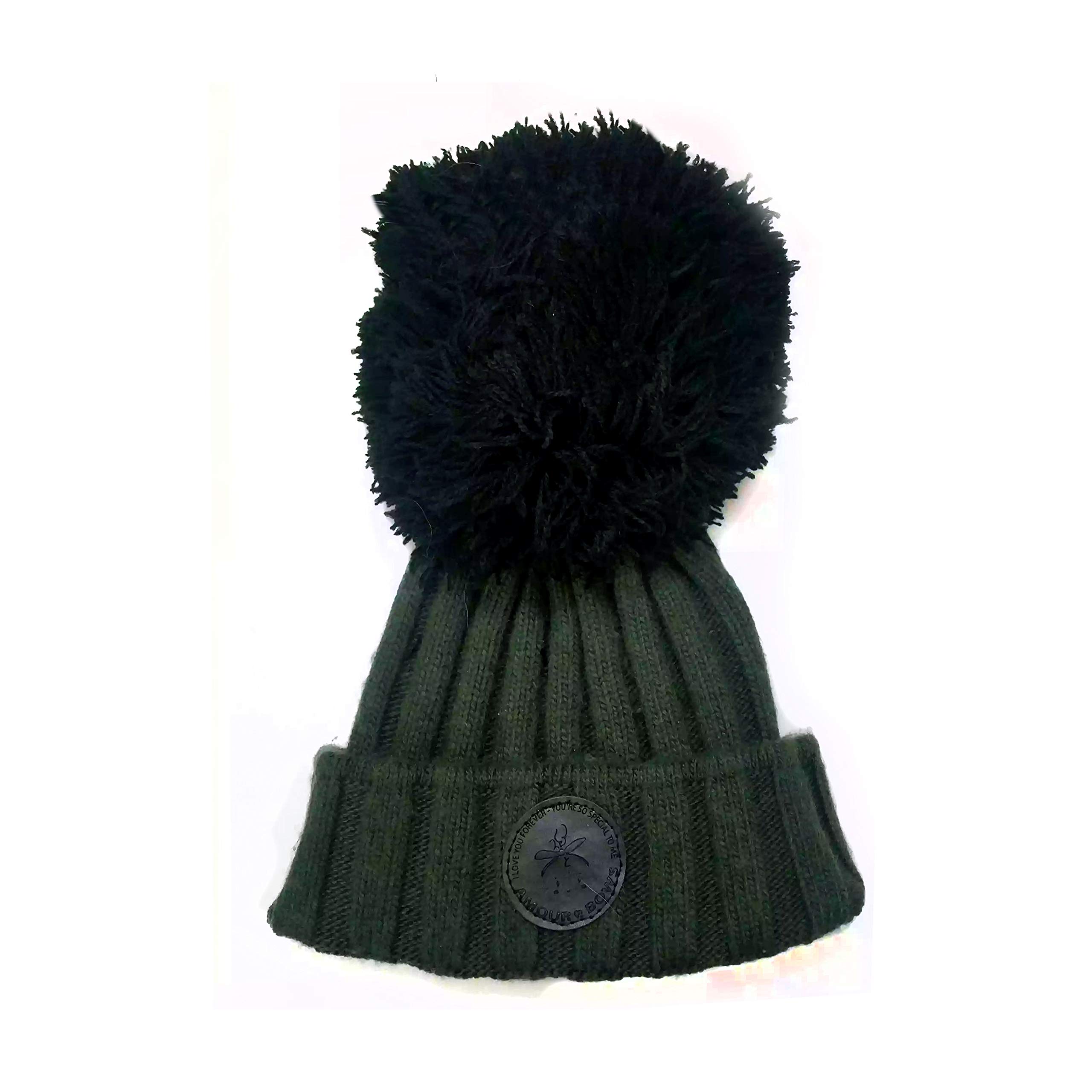 Olive Slouchy Beanie - Ribbed Knit Winter Hat with Large Yarn Pompom - Warm & Stylish for Women & Men - Perfect for Cold Weather, Snow Days & Outdoor Activities