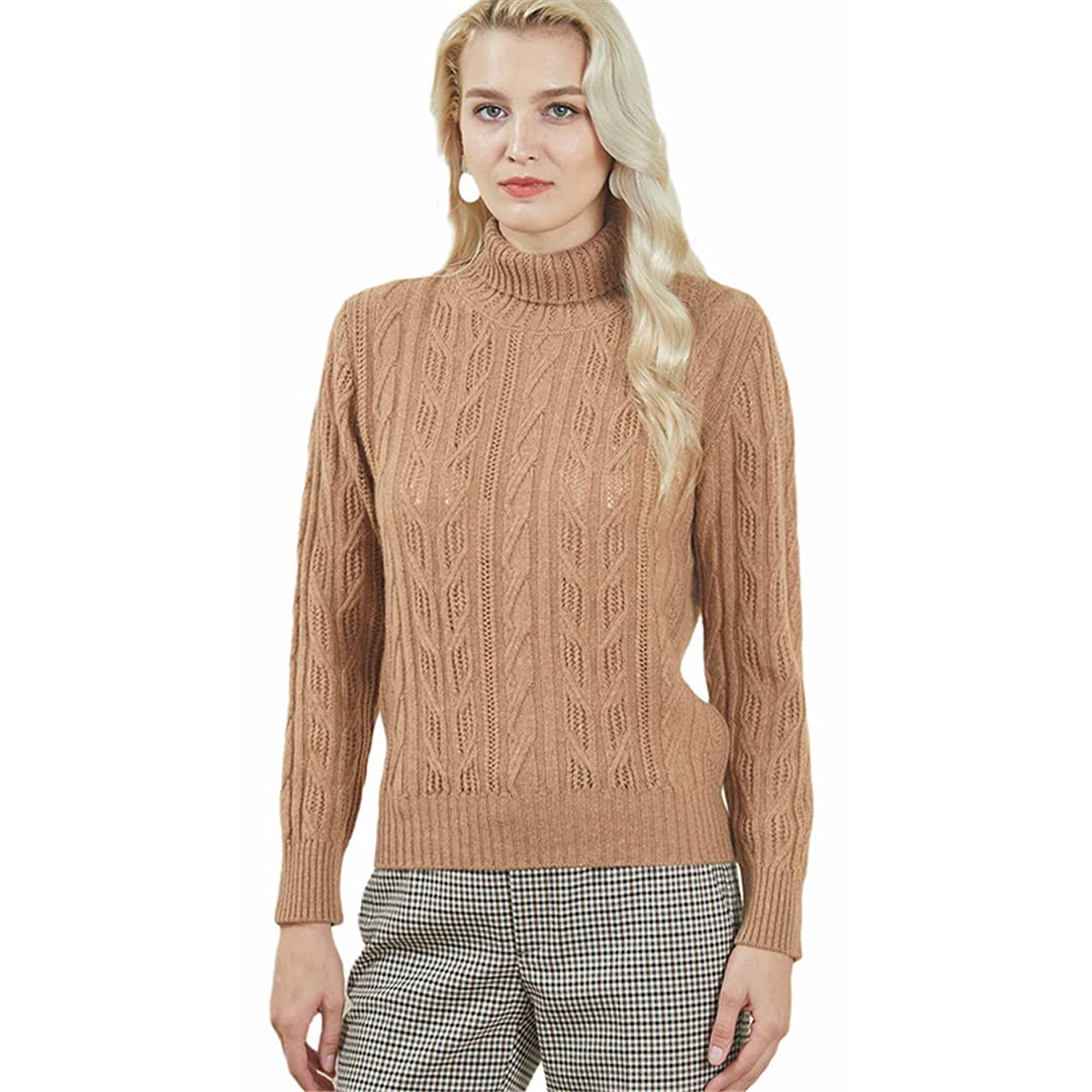 Women's 100% Cashmere Sweater - Warm Long Sleeve Turtleneck Pullover Knit Jumper for Autumn/Winter | Beige & White | XXL | Cozy Office Wear & Casual Outfits