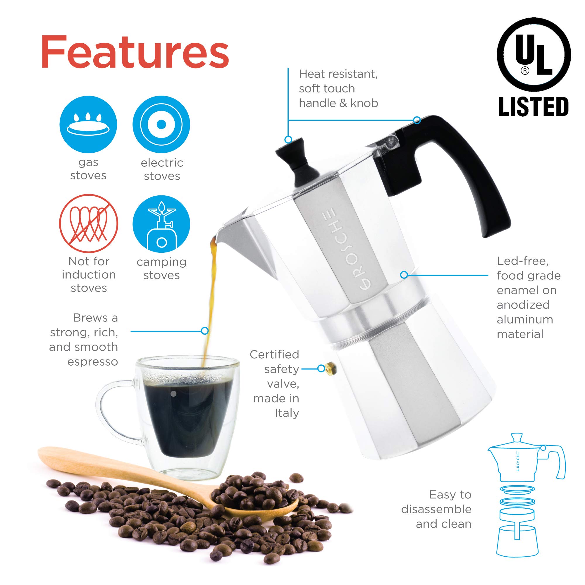 GROSCHE Milano Stovetop Espresso Maker - 9 Cup Moka Pot (15.2 oz) - Silver Italian Coffee Brewer for Cuban & Espresso - Perfect for Home, Camping & Gifts