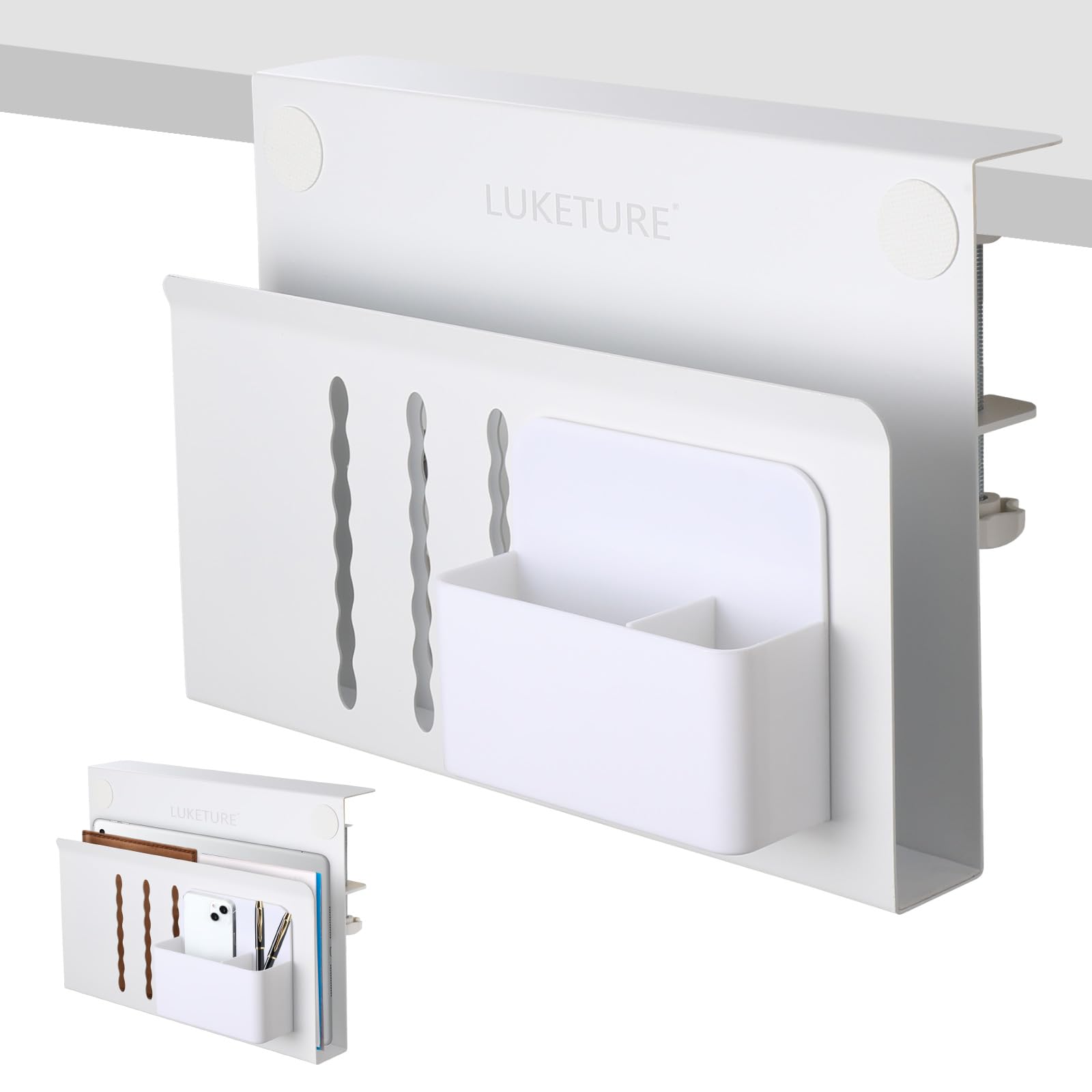 LUKETURE Steel Desk Side Organizer - No Drill Laptop Holder with Pen Storage, Clamp-On Table Mount for Home Office, Fits Flat Edge Tables 0.3