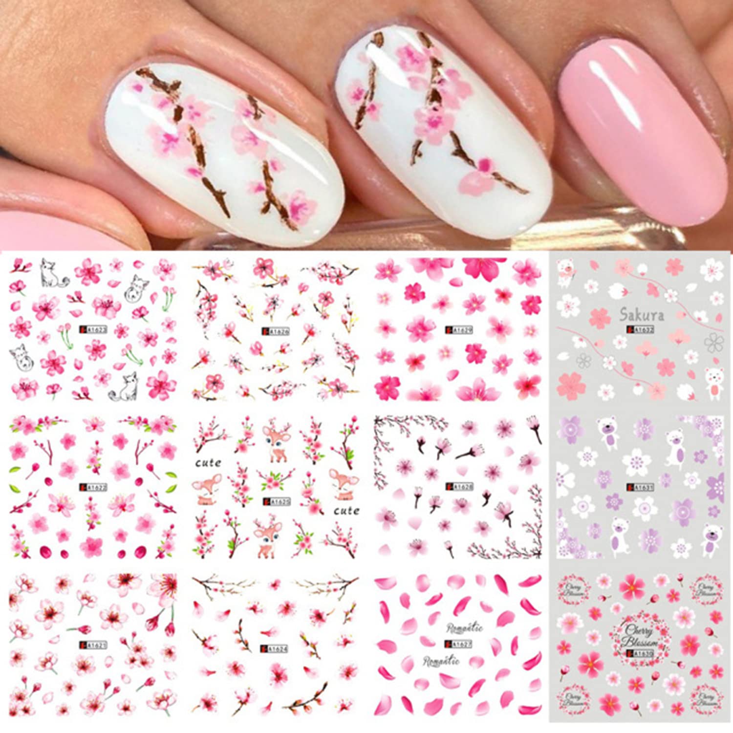 Cherry Blossom Nail Stickers - Holographic Floral Water Transfer Decals for DIY Nail Art | Pink Flower Nail Designs for Women | Manicure Supplies & Acrylic Nail Decorations | Perfect for Spring Nails, Bridal Parties & Salon Use