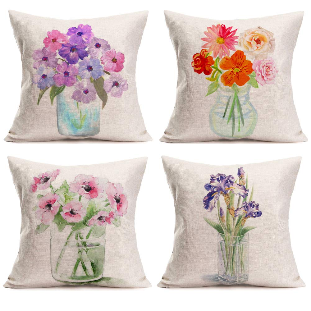 Smilyard Rustic Outdoor Floral Throw Pillow Cover 18x18 Inch - Pack of 4 Spring Flower Designs, Colorful Botanical Print Cotton Linen Cushion Case for Sofa, Couch, Bedroom & Patio Decor (Hua Bottle Pattern) - Perfect for Living Room, Garden & Seasonal Home Styling