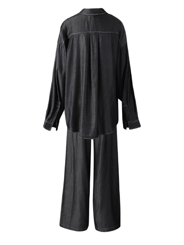 Big Size Gray Shirt & Wide Leg Pants Two-Piece Suit for Women - 2025 Fashion Trendy Lapel Long Sleeve Outfit (CPG3103) | Perfect for Office Wear, Spring/Autumn Fashion & Casual Chic Looks