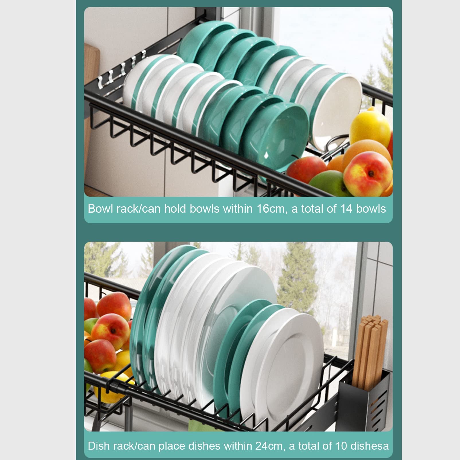 Expandable Stainless Steel Cutlery Drainer & Dish Drying Rack - Over The Sink Wall Mounted Kitchen Organizer with Utensil Holder & Hooks - Space Saving Counter Shelf for Small Kitchens, Apartments & RVs
